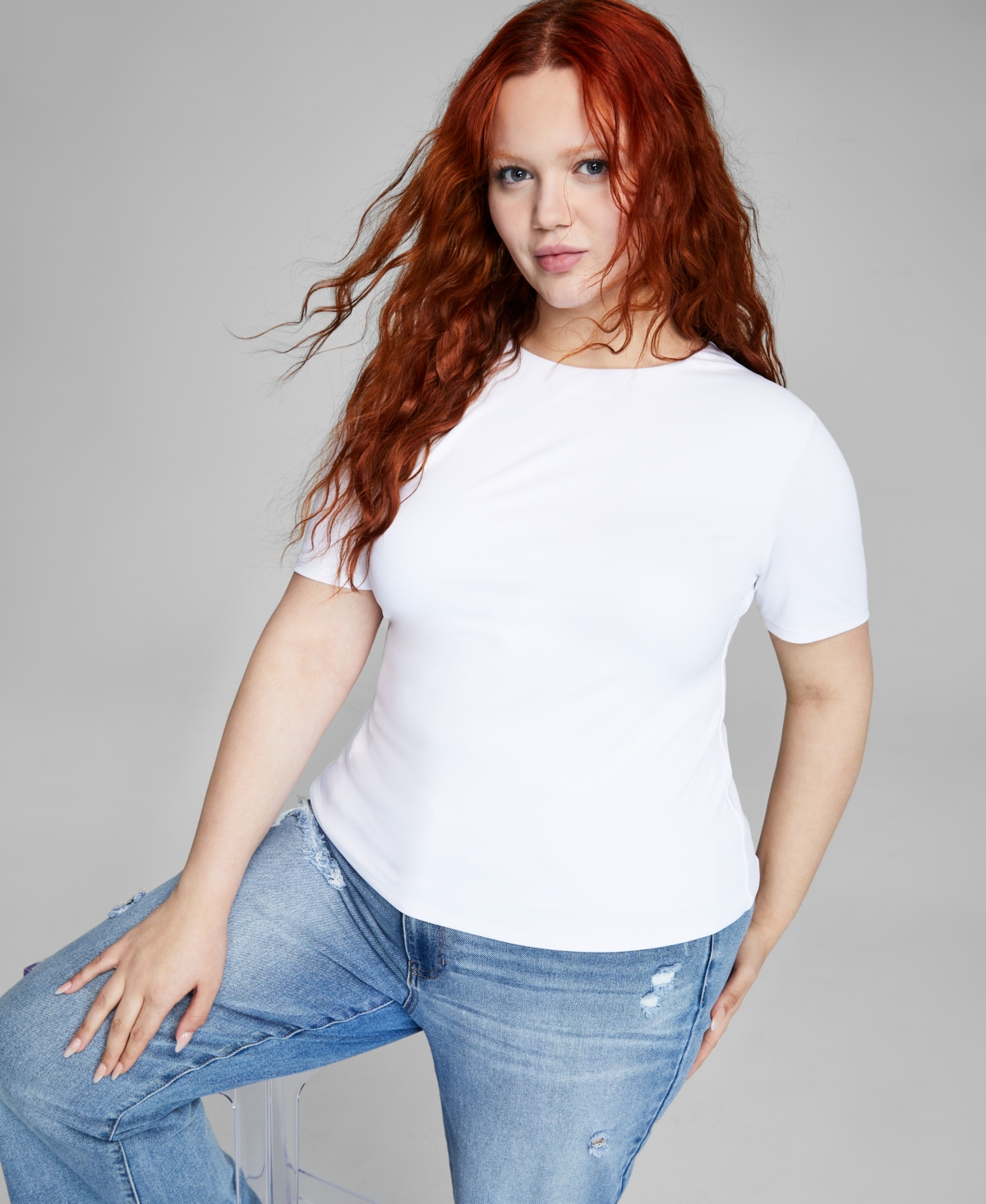 And Now This Trendy Plus Size Second Skin Crewneck Short-sleeve T-shirt In White