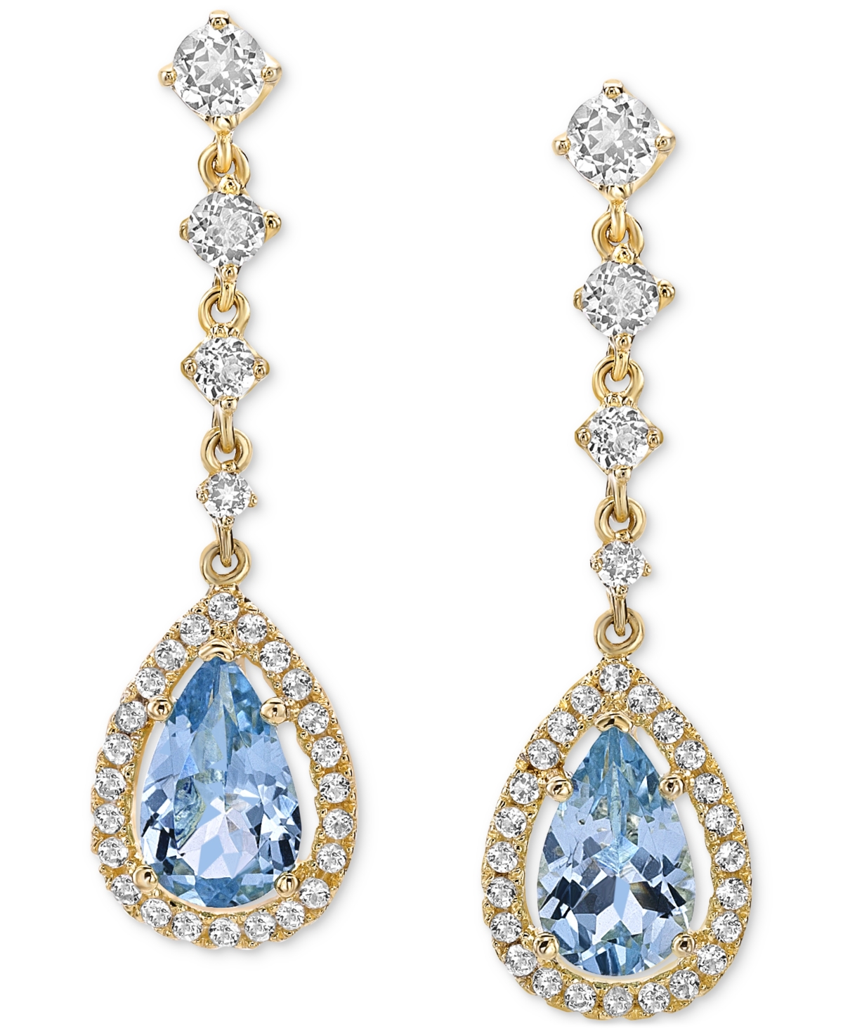 Macy's Sapphire (3 Ct. T.w.) & White Topaz (3/4 Ct. T.w.) Halo Drop Earrings In Gold-plated Sterling Silver In Aquamarine