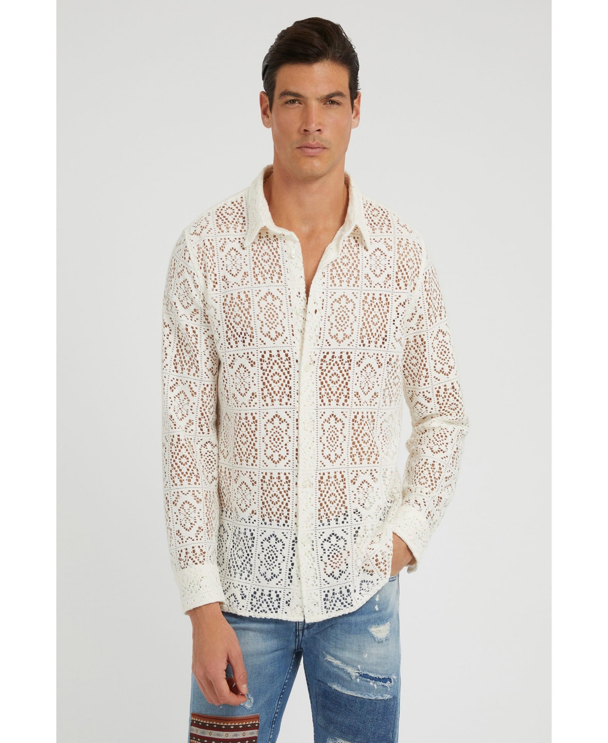 Guess Men's Long Sleeve Craft Crochet Shirt In White