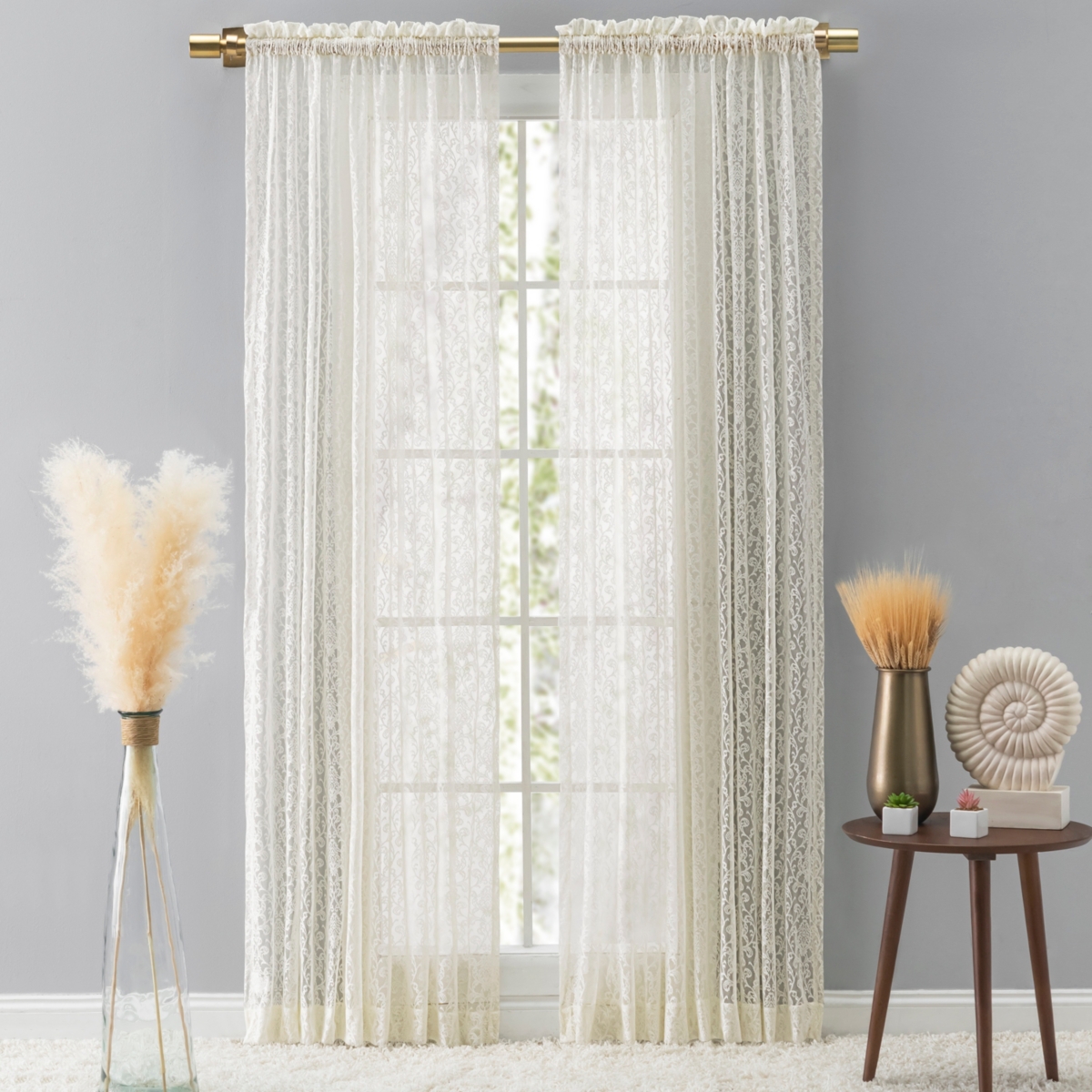 Ricardo Woven Lace Rod Pocket w/Header Curtain Panel 54