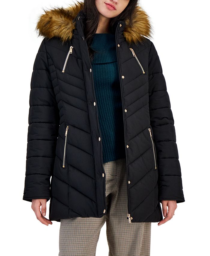 Maralyn Me Womens Faux Fur Puffer Coat Black Size Large