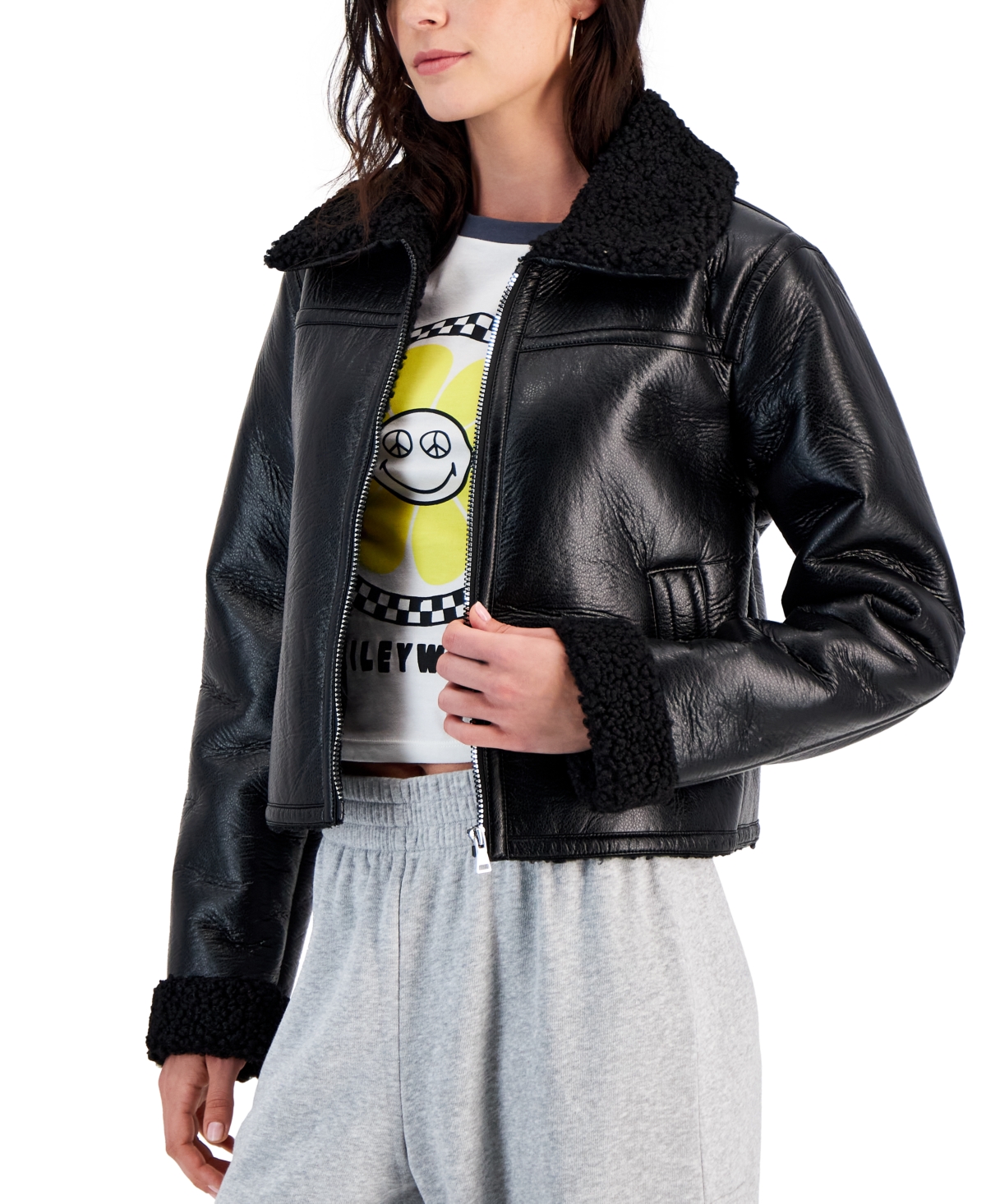 Maralyn & Me Juniors' Cropped Faux-leather Jacket In Black