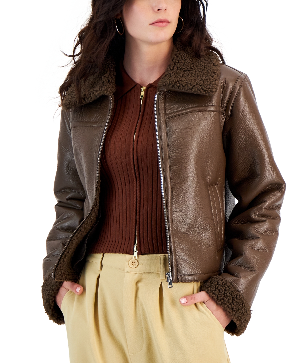Maralyn & Me Juniors' Cropped Faux-leather Jacket In Dark Brown