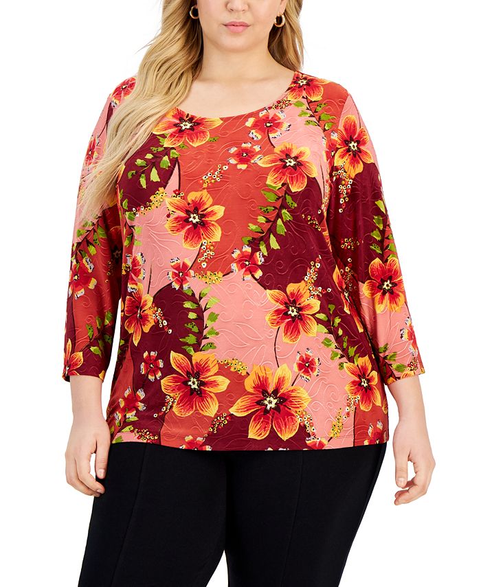 JM Collection Plus Size Fiona Floral Jacquard Top, Created for Macy's ...