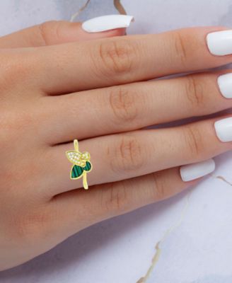 Lab-Grown Malachite & Cubic Zirconia Butterfly Ring in 14k Gold-Plated Sterling Silver