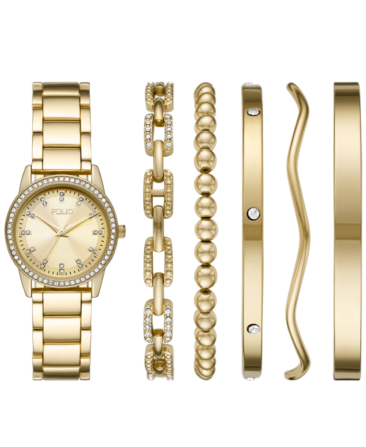 Folio Women's Three Hand Gold-Tone 34mm Watch and Bracelet Gift Set, 6 Pieces