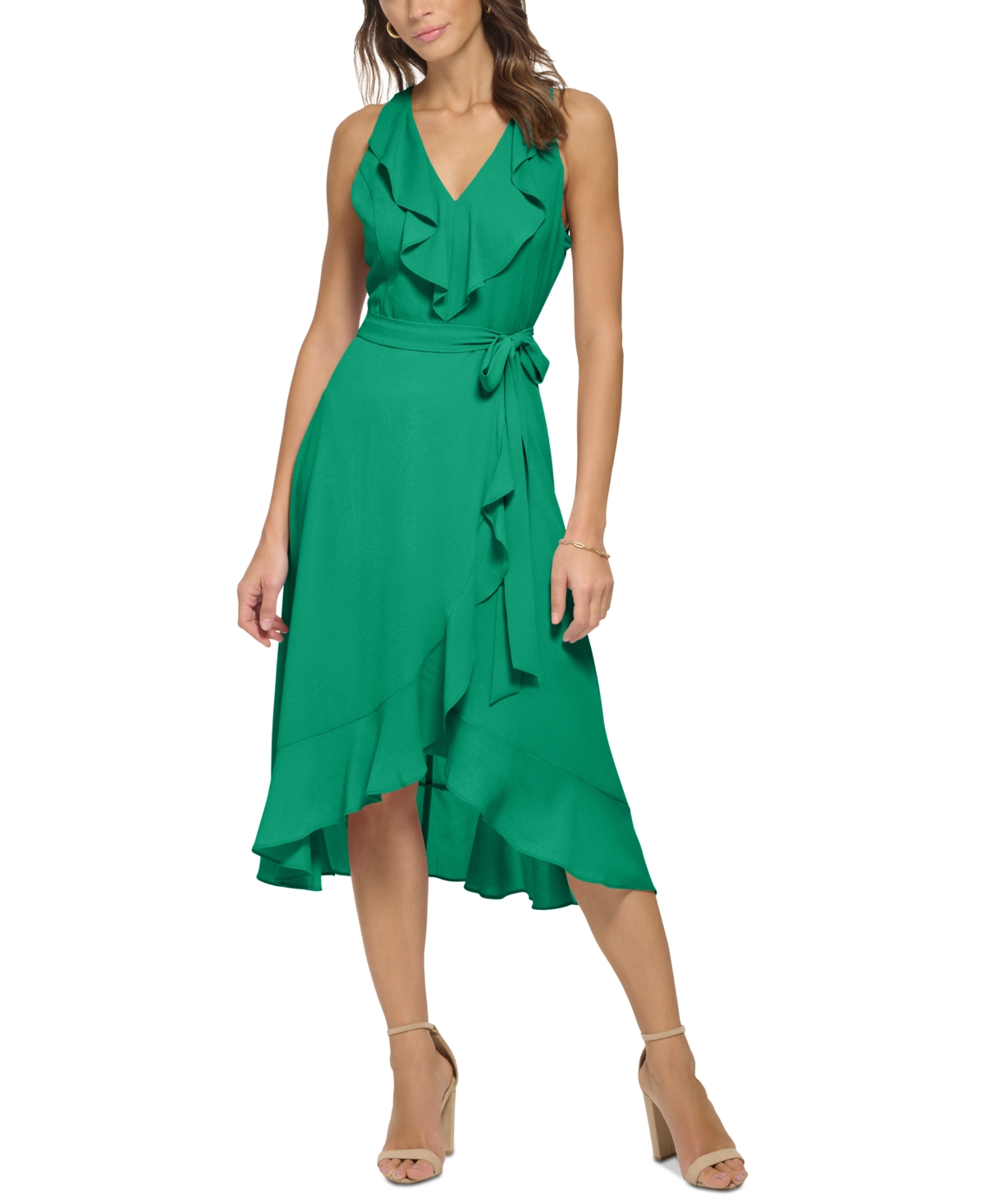 Kensie Ruffle Trim Faux Wrap Dress In Trop Green