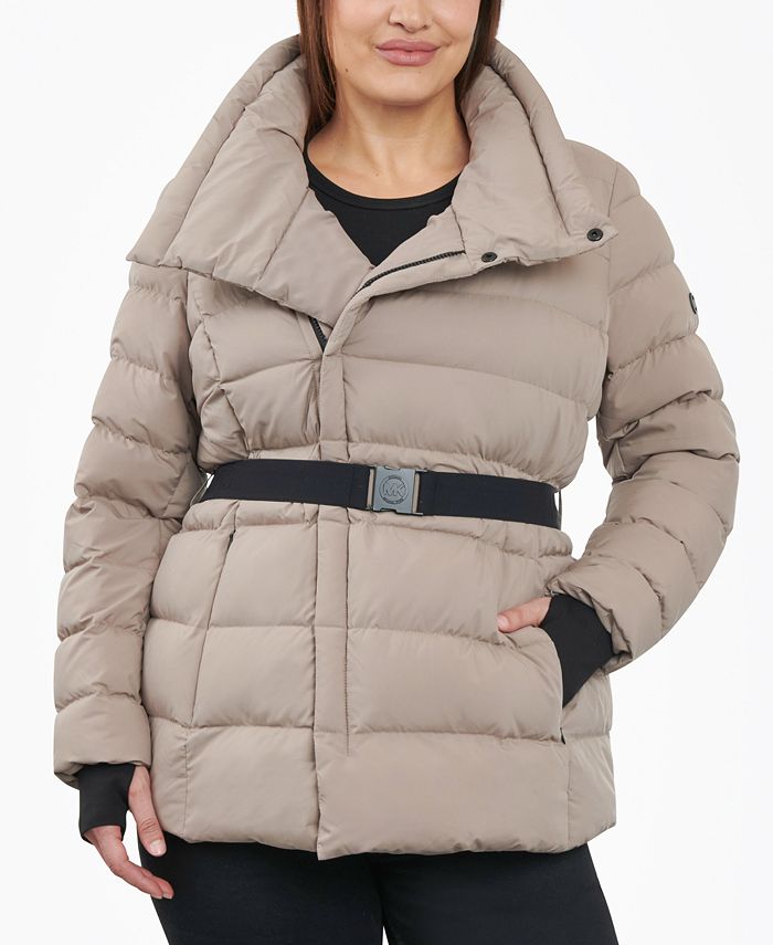Michael Kors Women's Plus Size Stretch Asymmetrical Belted Packable Down Puffer Macy's