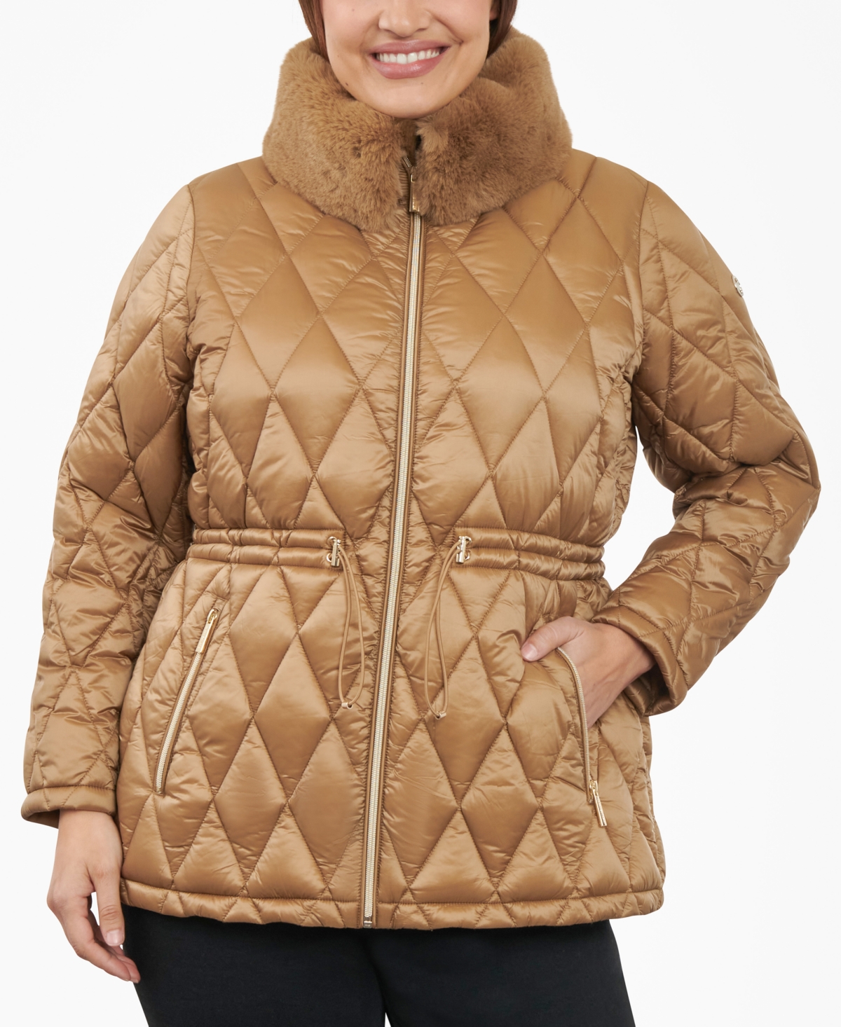 Michael Kors Michael  Women's Plus Size Quilted Faux-fur-collar Anorak Puffer Coat In Dark Camel