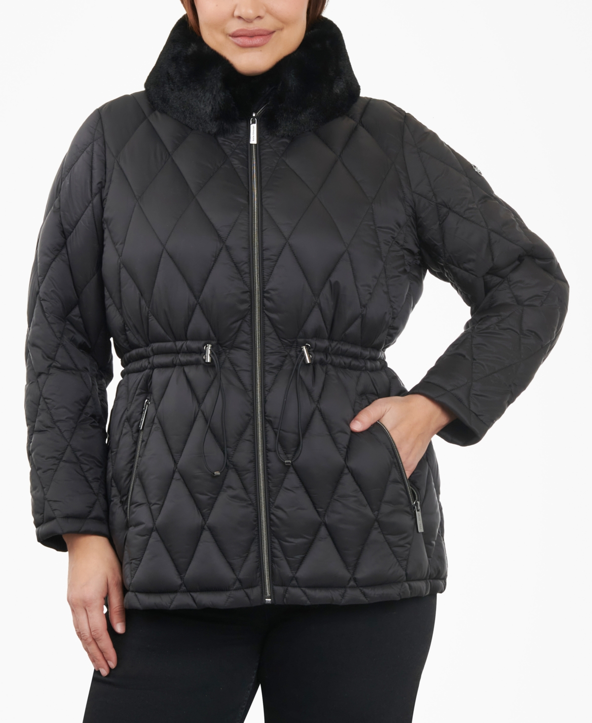 Michael Kors Michael  Women's Plus Size Quilted Faux-fur-collar Anorak Puffer Coat In Black