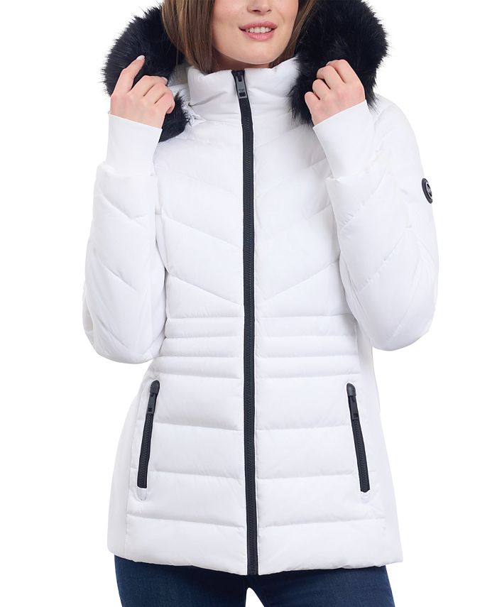 Michael Kors Women's Faux Fur Trim Stretch Cotton Anorak - White - Casual Jackets