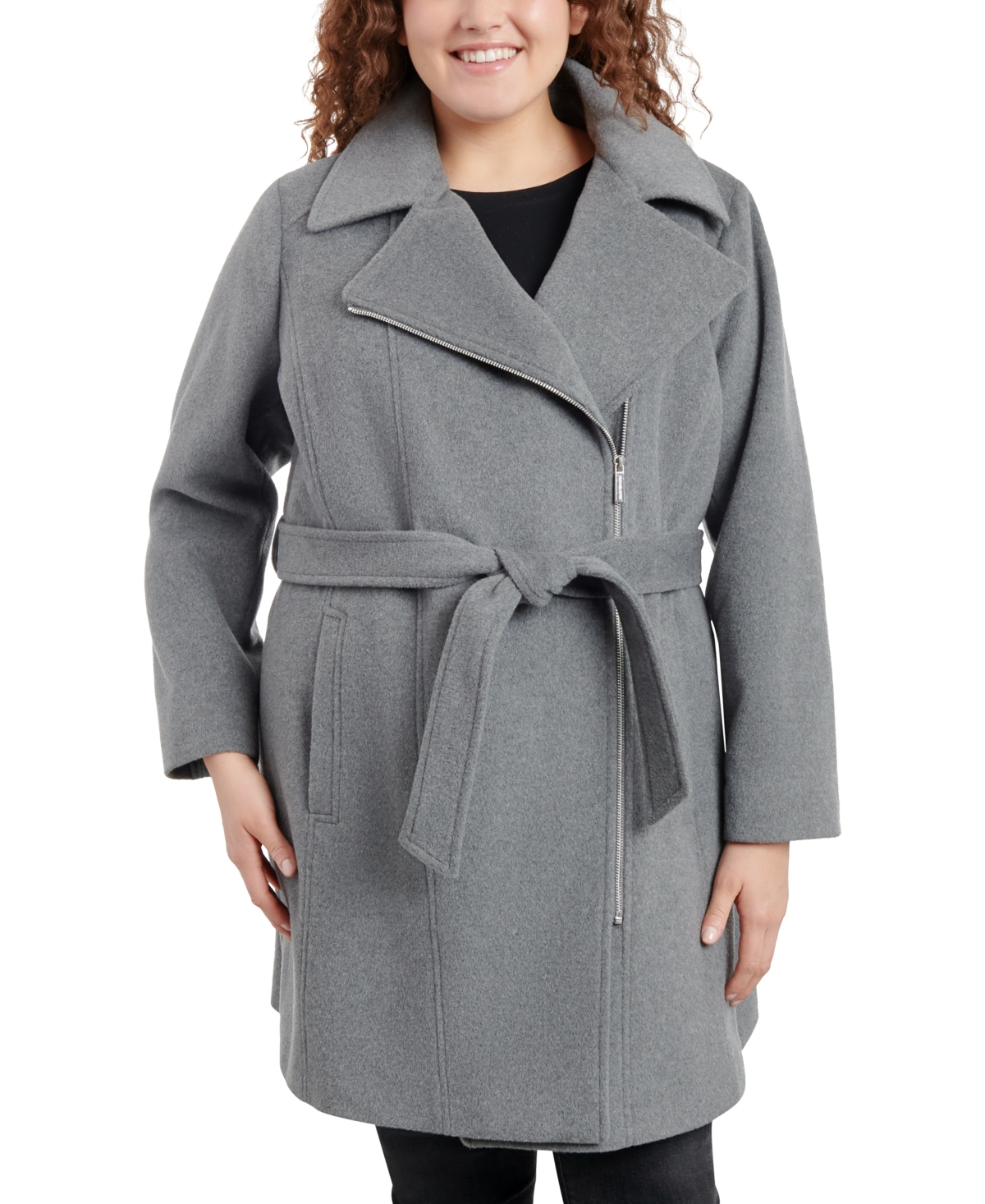 Michael Kors Michael  Women's Plus Size Asymmetric Belted Wrap Coat In Derby Heather