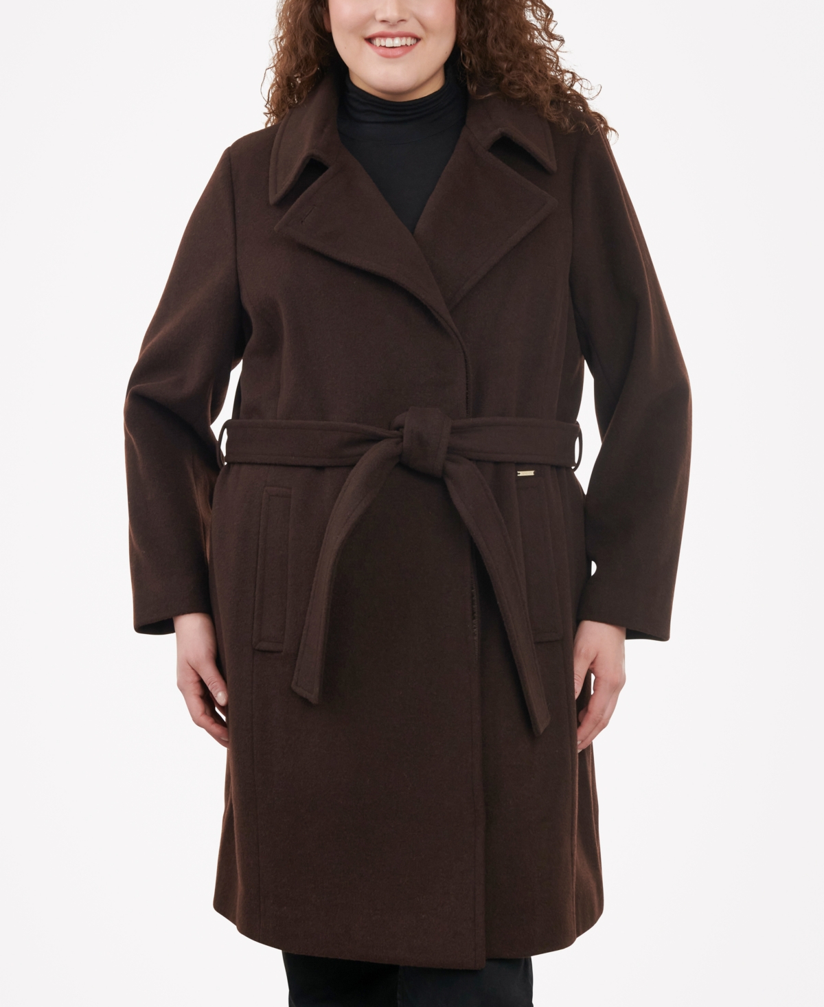 Shop Michael Kors Michael  Women's Plus Size Belted Notched-collar Wrap Coat In Chocolate