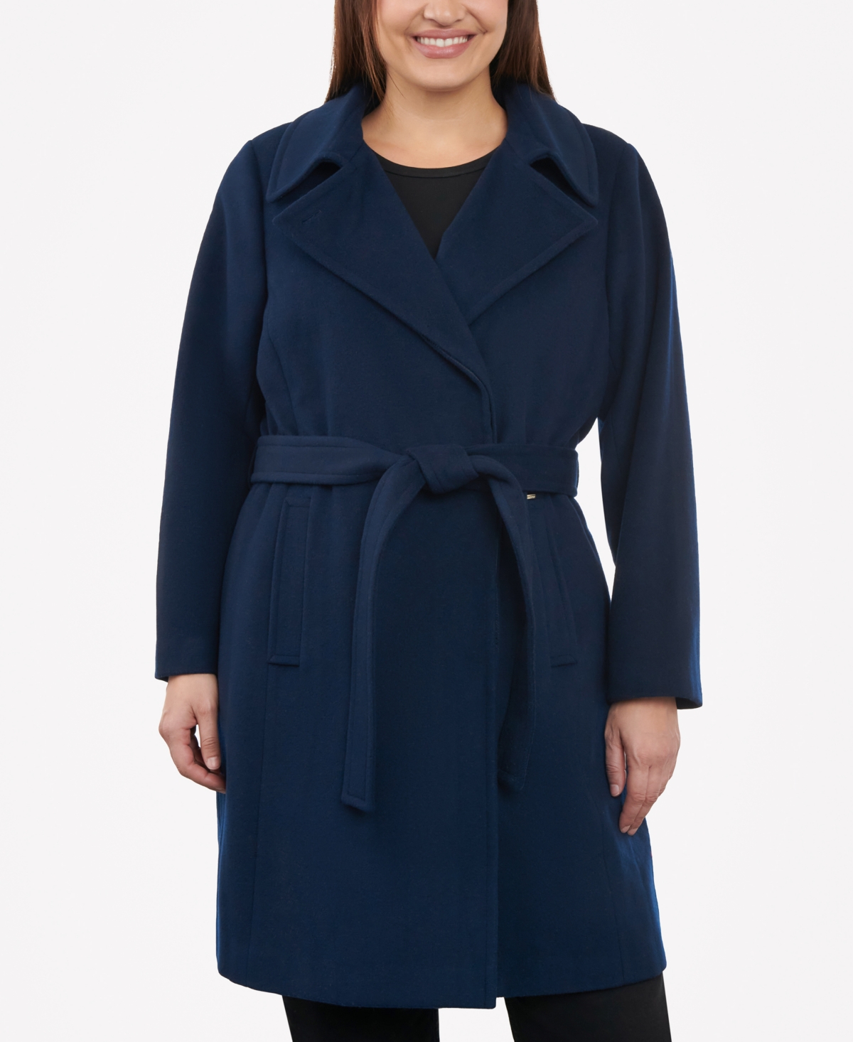 Michael Kors Michael  Women's Plus Size Belted Notched-collar Wrap Coat In Midnight