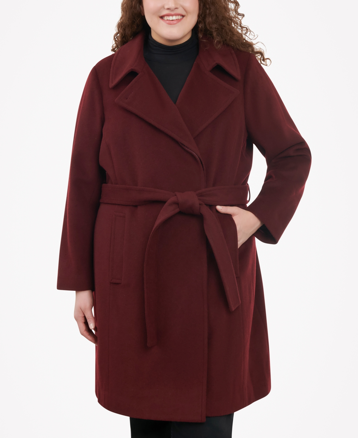 Michael Kors Michael  Women's Plus Size Belted Notched-collar Wrap Coat In Merlot