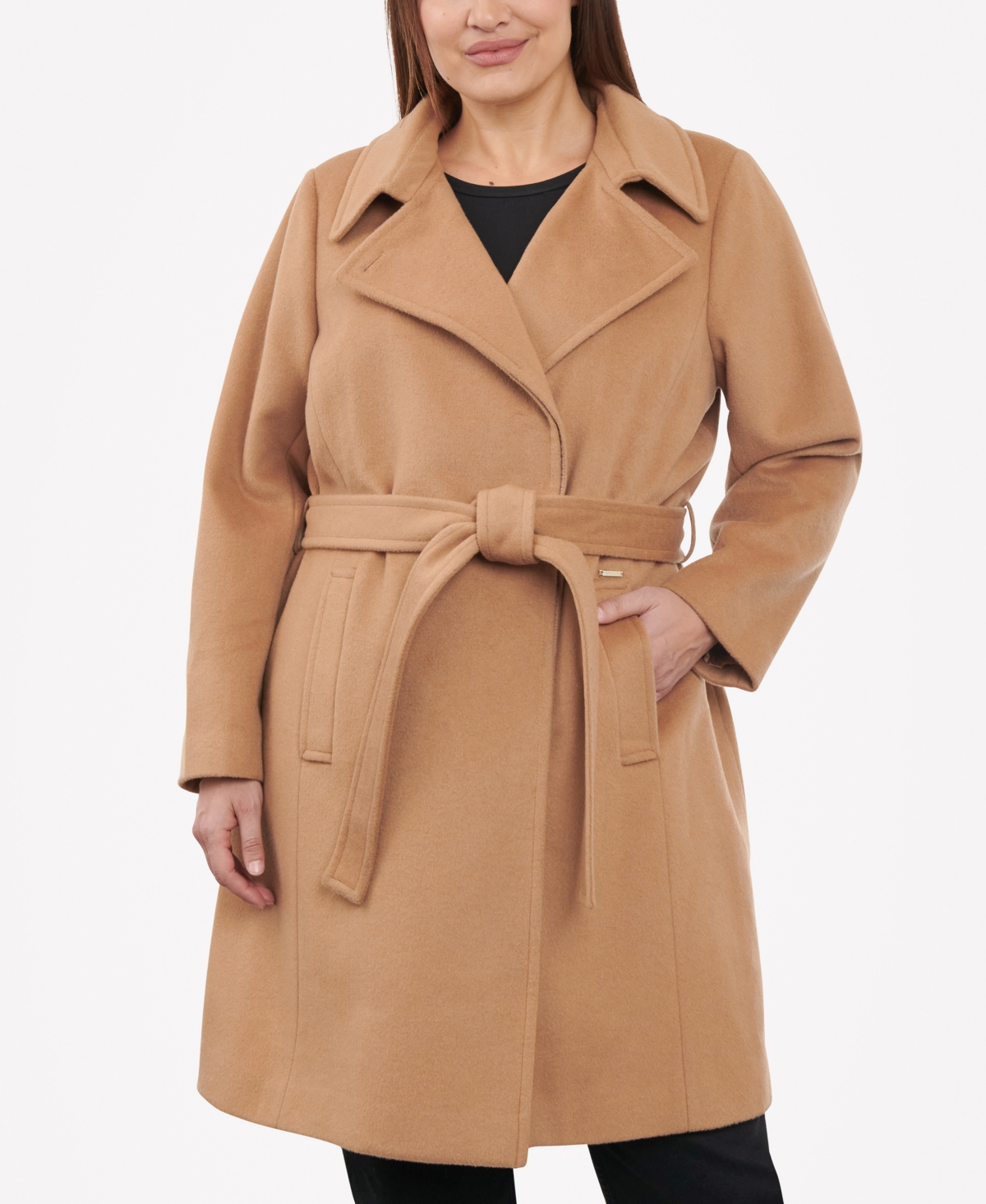 Michael Kors Michael  Women's Plus Size Belted Notched-collar Wrap Coat In Dark Camel