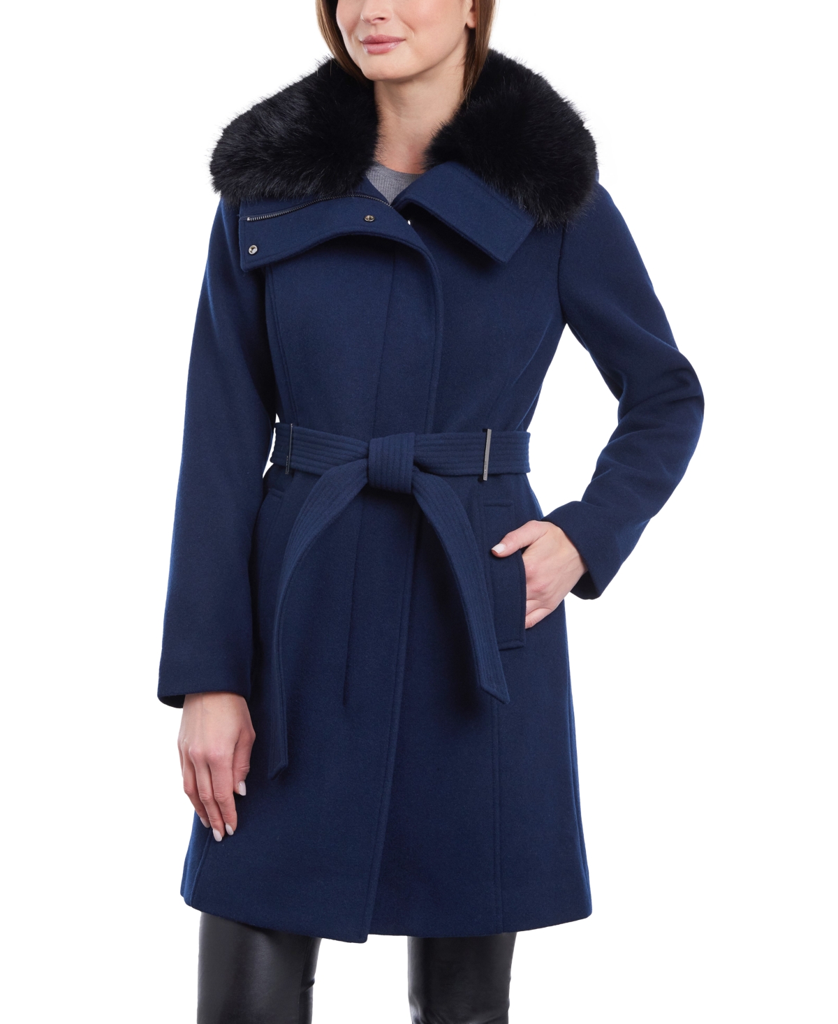 Shop Michael Kors Michael  Women's Petite Belted Faux-fur-collar Coat In Midnight