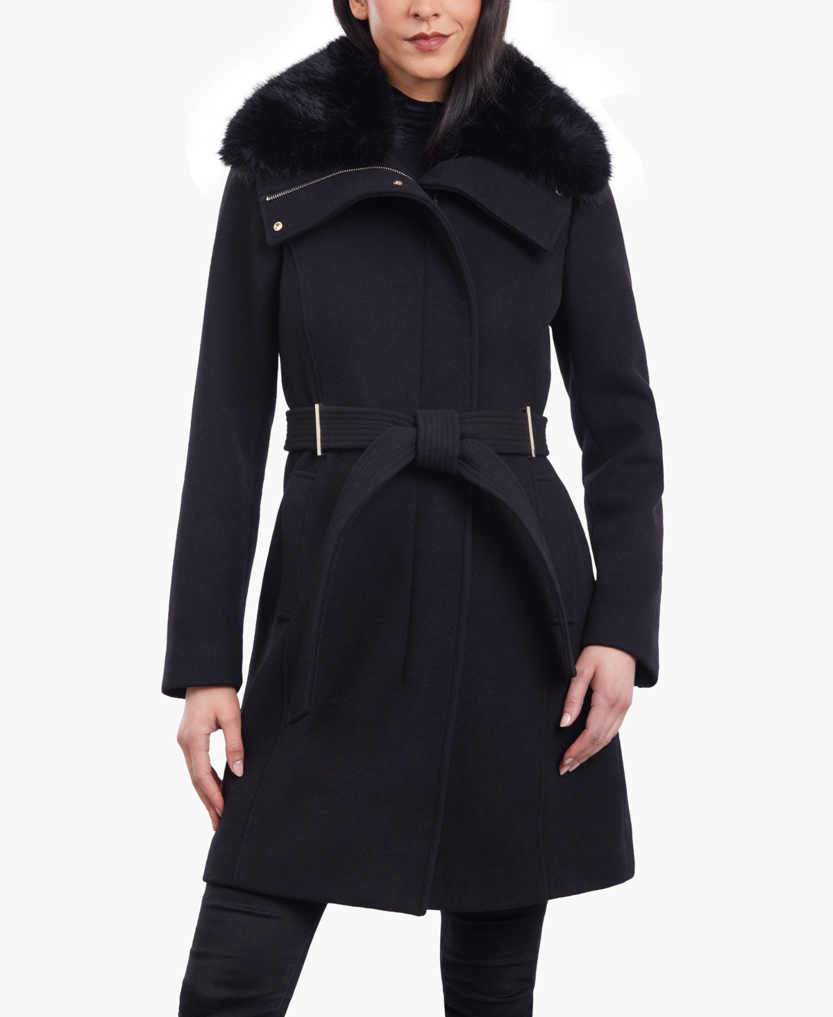 Michael Michael Kors Women's Petite Belted Faux-Fur-Collar Coat - Black