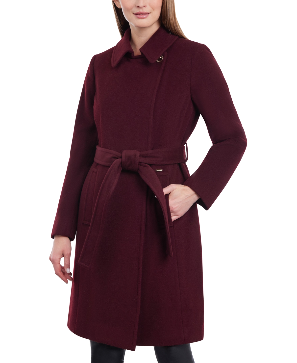 Shop Michael Kors Michael  Women's Petite Belted Notched-collar Wrap Coat In Merlot