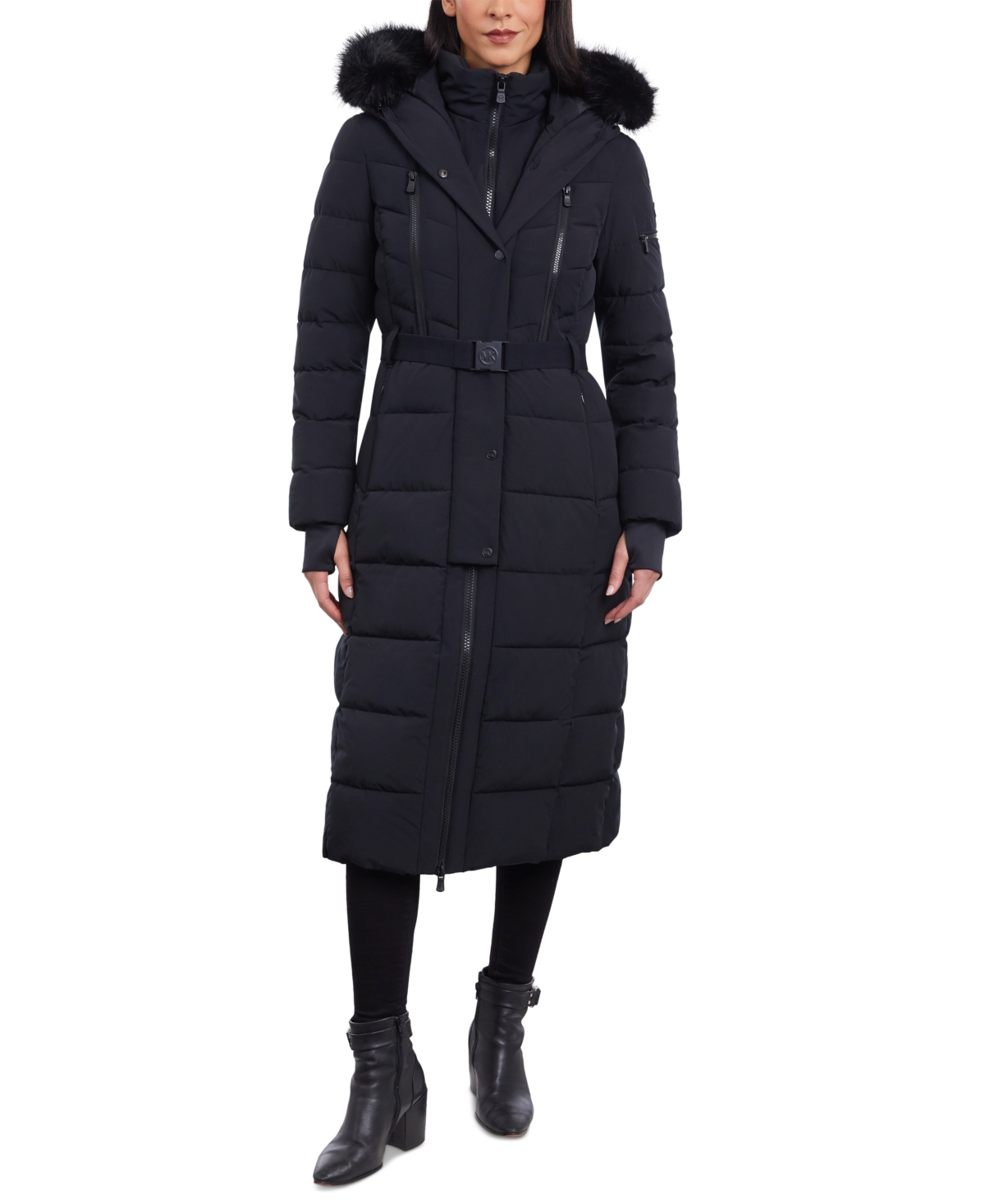 Michael Kors Michael  Women's Belted Faux-fur-trim Hooded Maxi Puffer Coat In Black