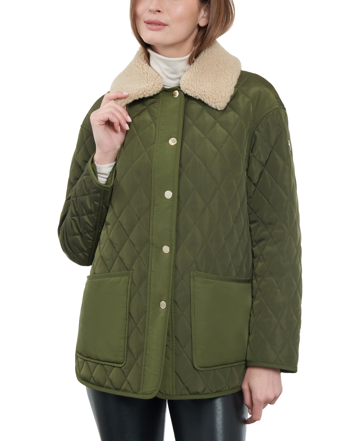 Michael Kors Michael  Women's Faux-sherpa-collar Quilted Coat In Dark Olive
