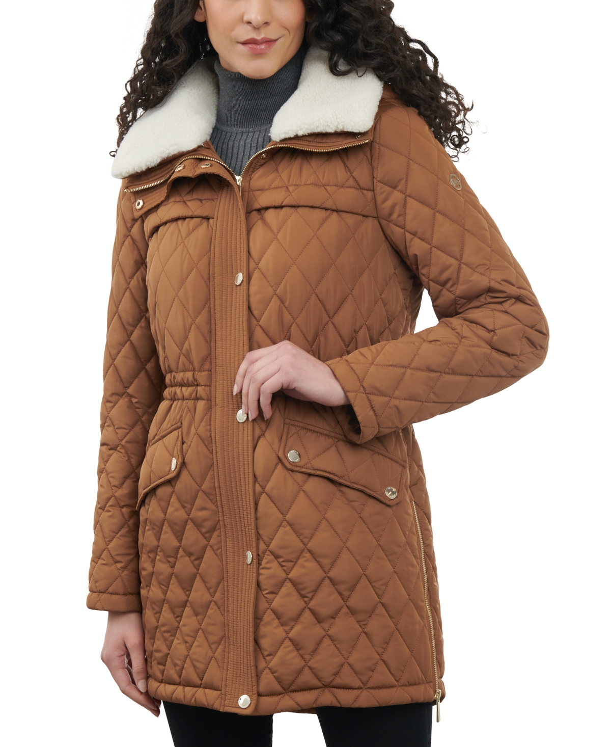 Michael Kors Michael  Women's Faux-fur-collar Quilted Coat In Luggage