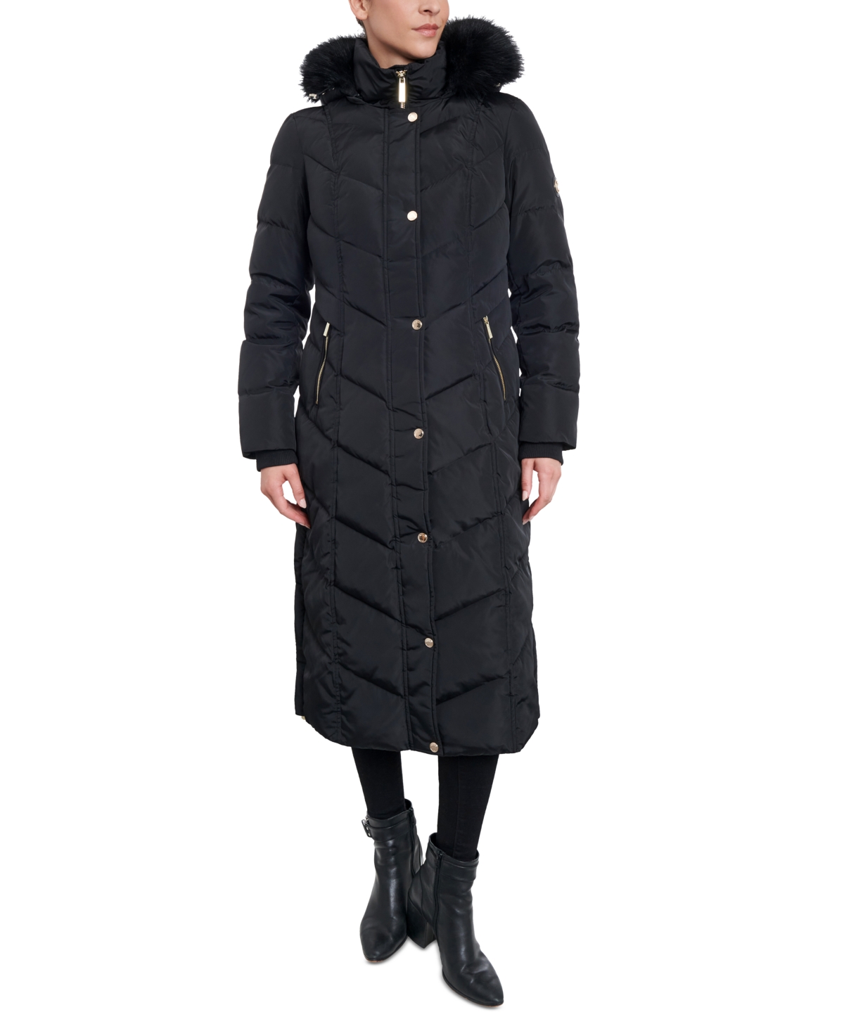 Michael Kors Michael  Women's Faux-fur-trim Hooded Maxi Puffer Coat In Black