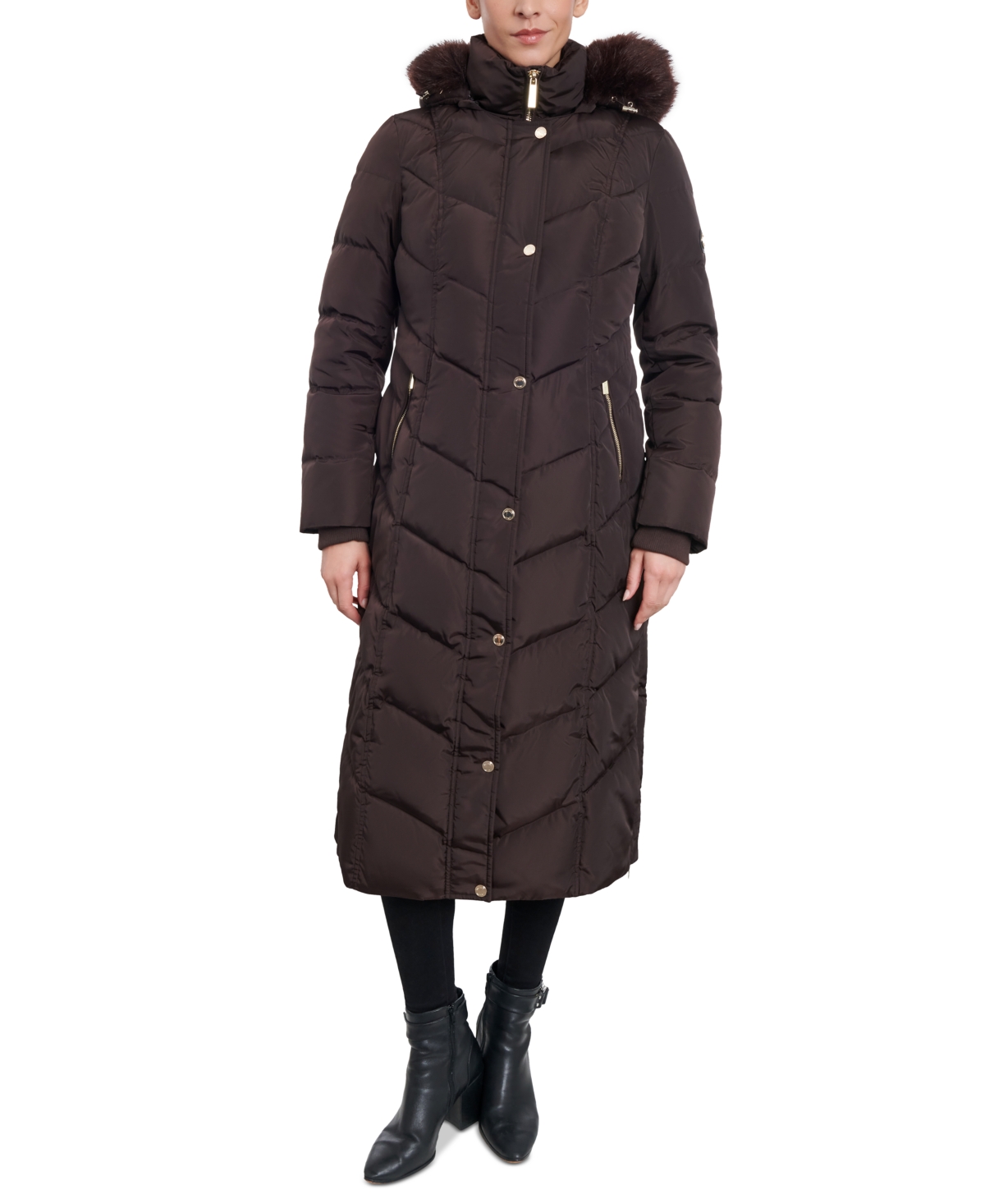 Michael Kors Michael  Women's Faux-fur-trim Hooded Maxi Puffer Coat In Chocolate