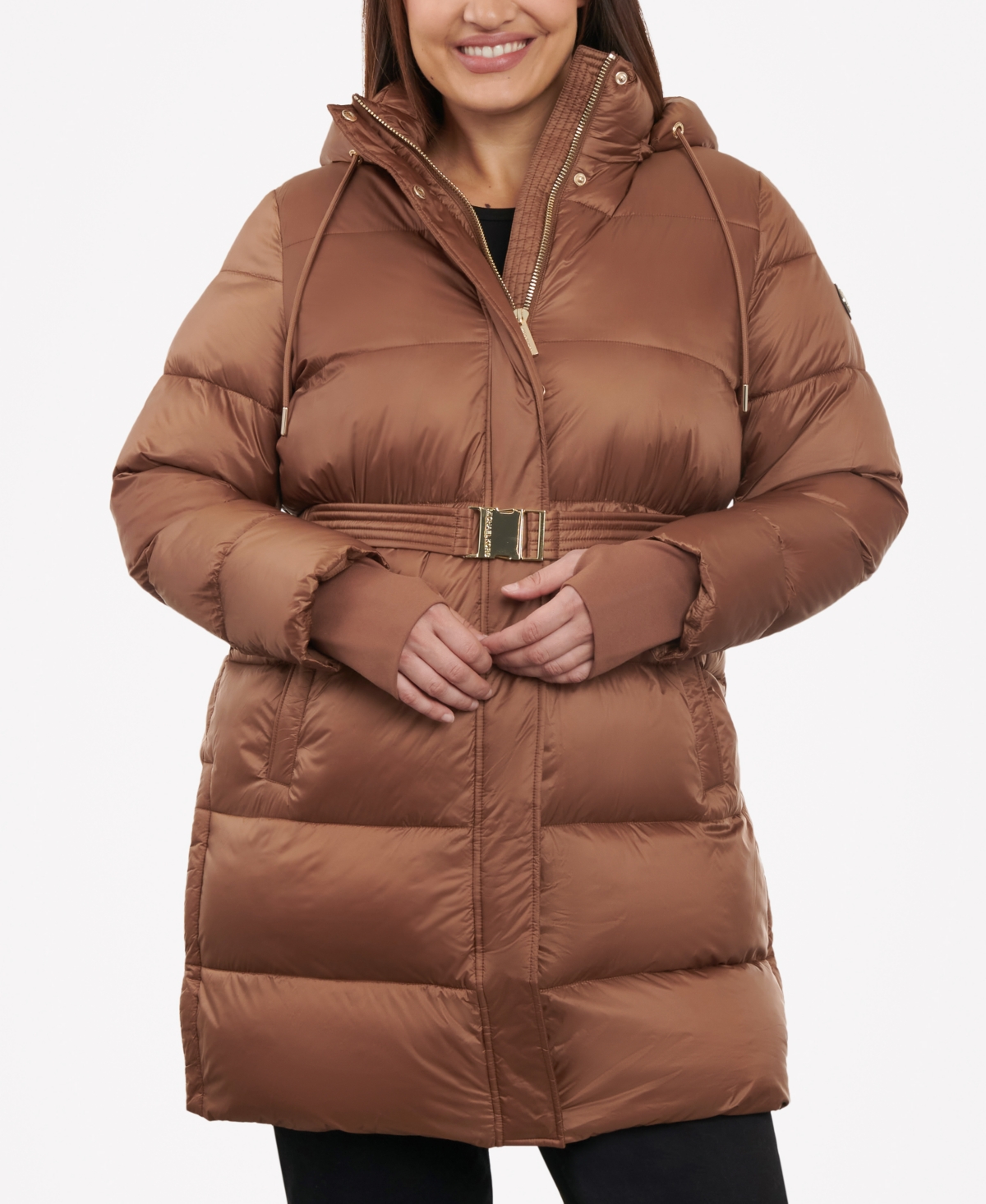 Shop Michael Kors Michael  Women's Plus Size Hooded Belted Puffer Coat In Luggage