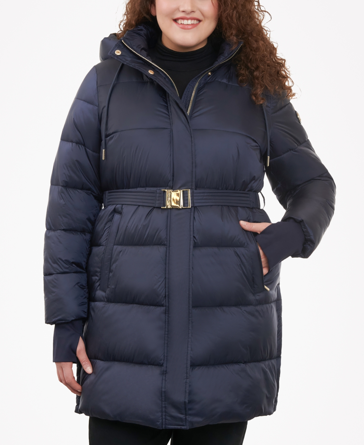 Shop Michael Kors Michael  Women's Plus Size Hooded Belted Puffer Coat In Midnight Blue