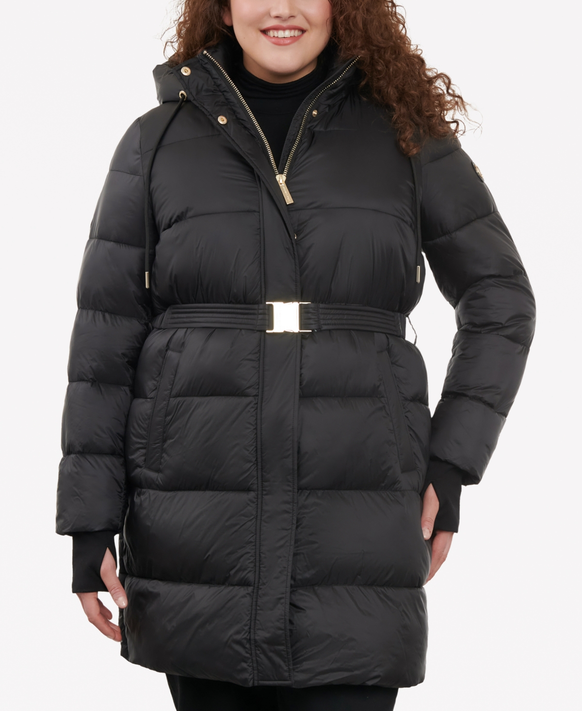 Shop Michael Kors Michael  Women's Plus Size Hooded Belted Puffer Coat In Black