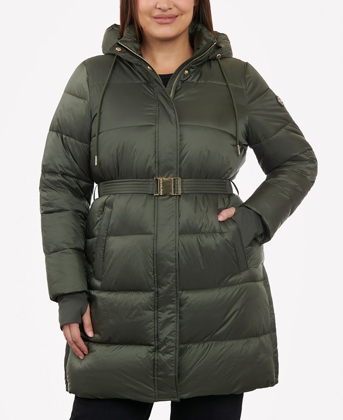 Women's Plus Size Hooded Belted Puffer Coat