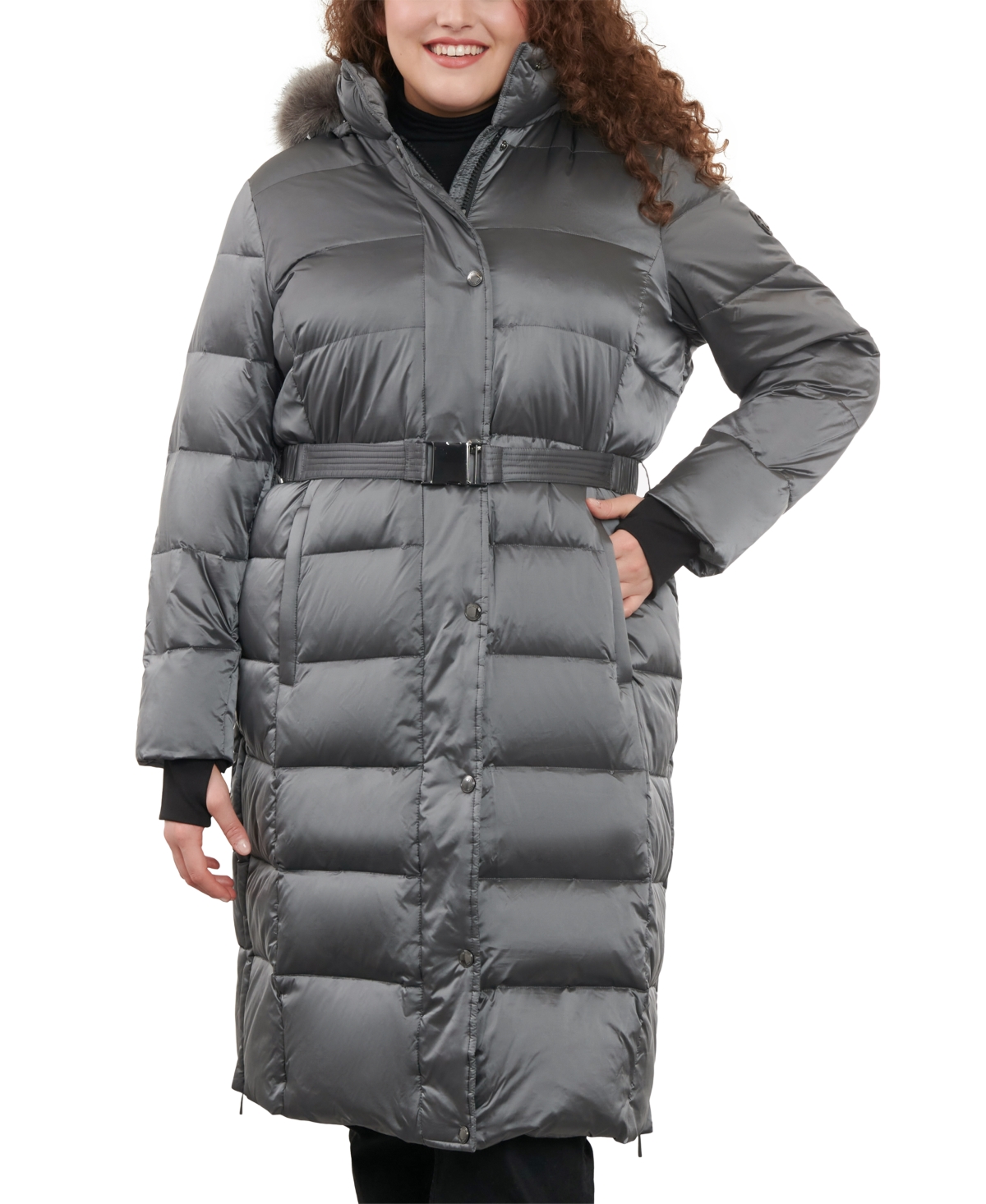 Michael Kors Michael  Women's Plus Size Shine Belted Faux-fur-trim Hooded Puffer Coat In Malachite
