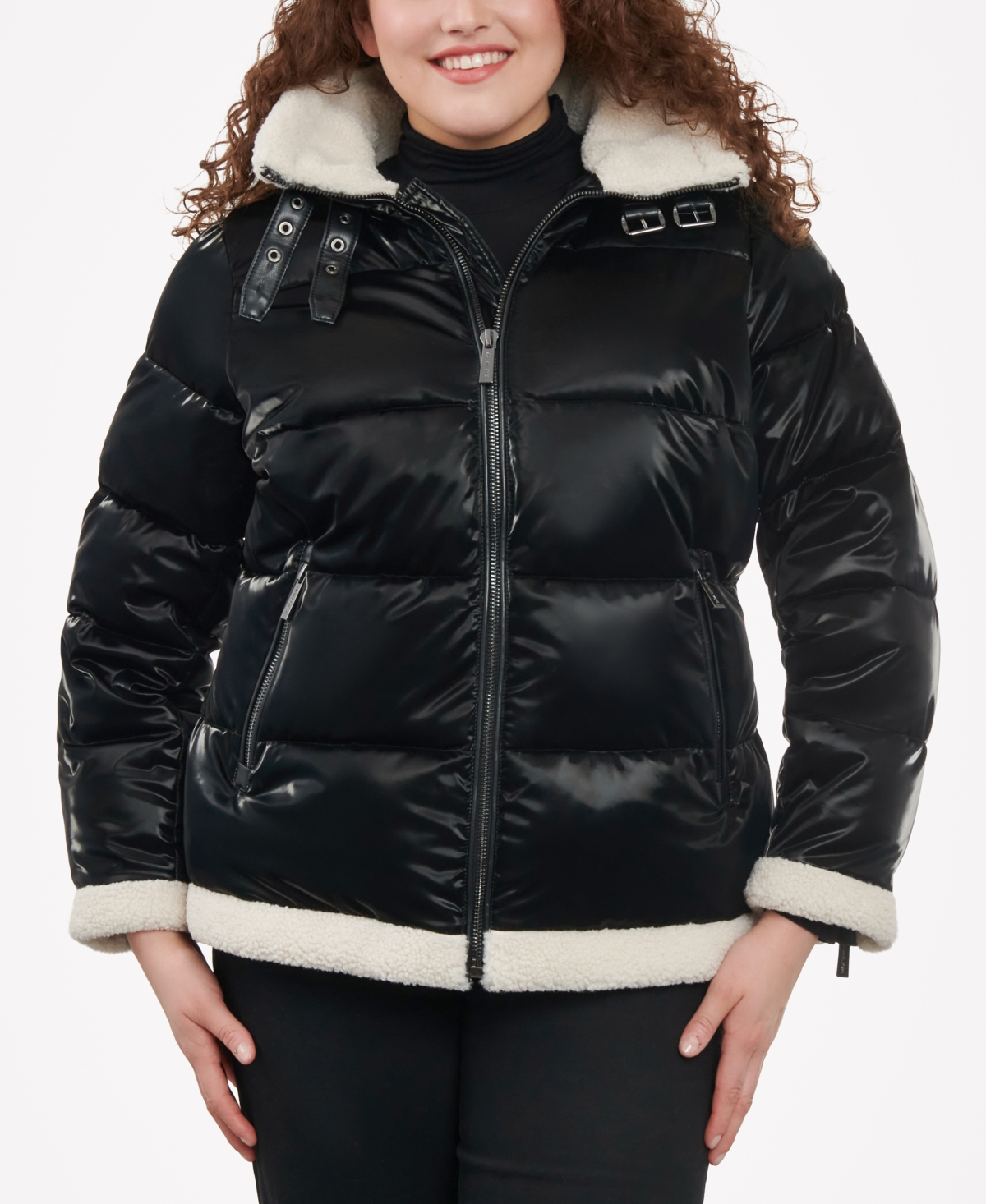 Shop Michael Kors Michael  Women's Plus Size Faux-shearling Shine Puffer Coat, Created For Macy's In Black