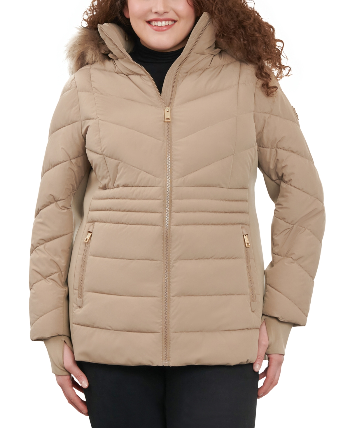 Michael Kors Michael  Women's Plus Size Faux-fur-trim Hooded Puffer Coat, Created For Macy's In Taupe