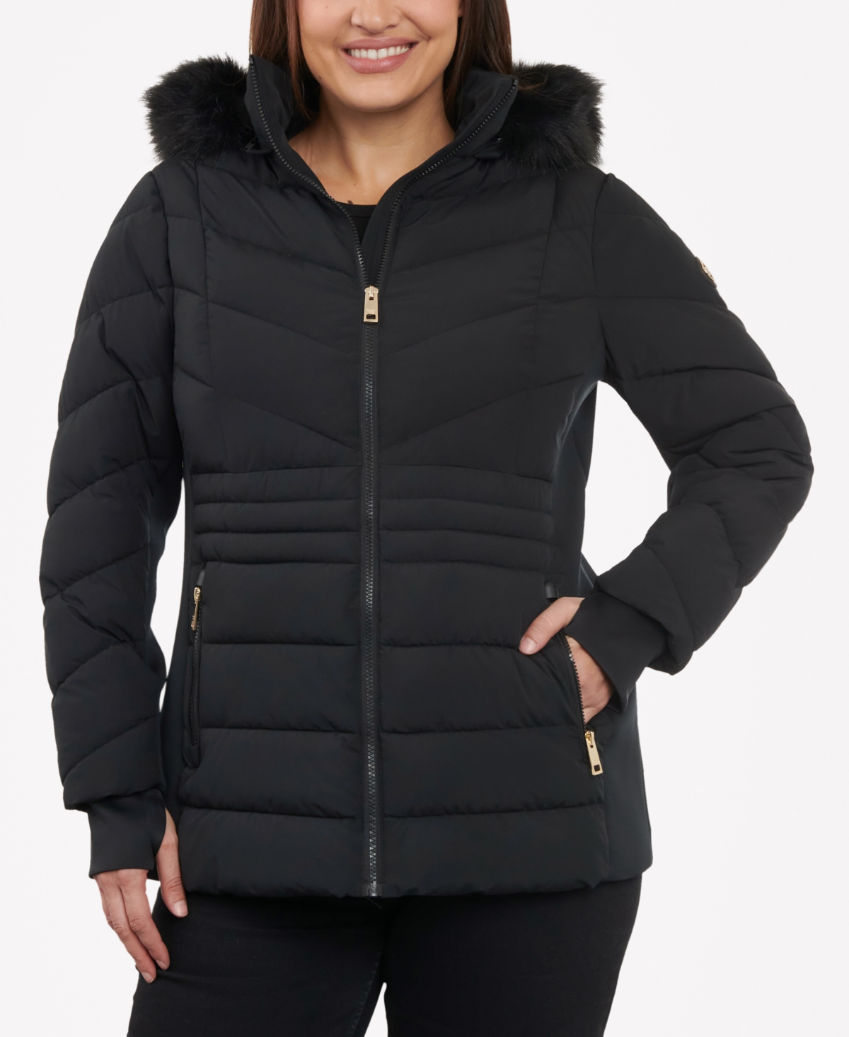 Michael Kors Michael  Women's Plus Size Faux-fur-trim Hooded Puffer Coat, Created For Macy's In Black