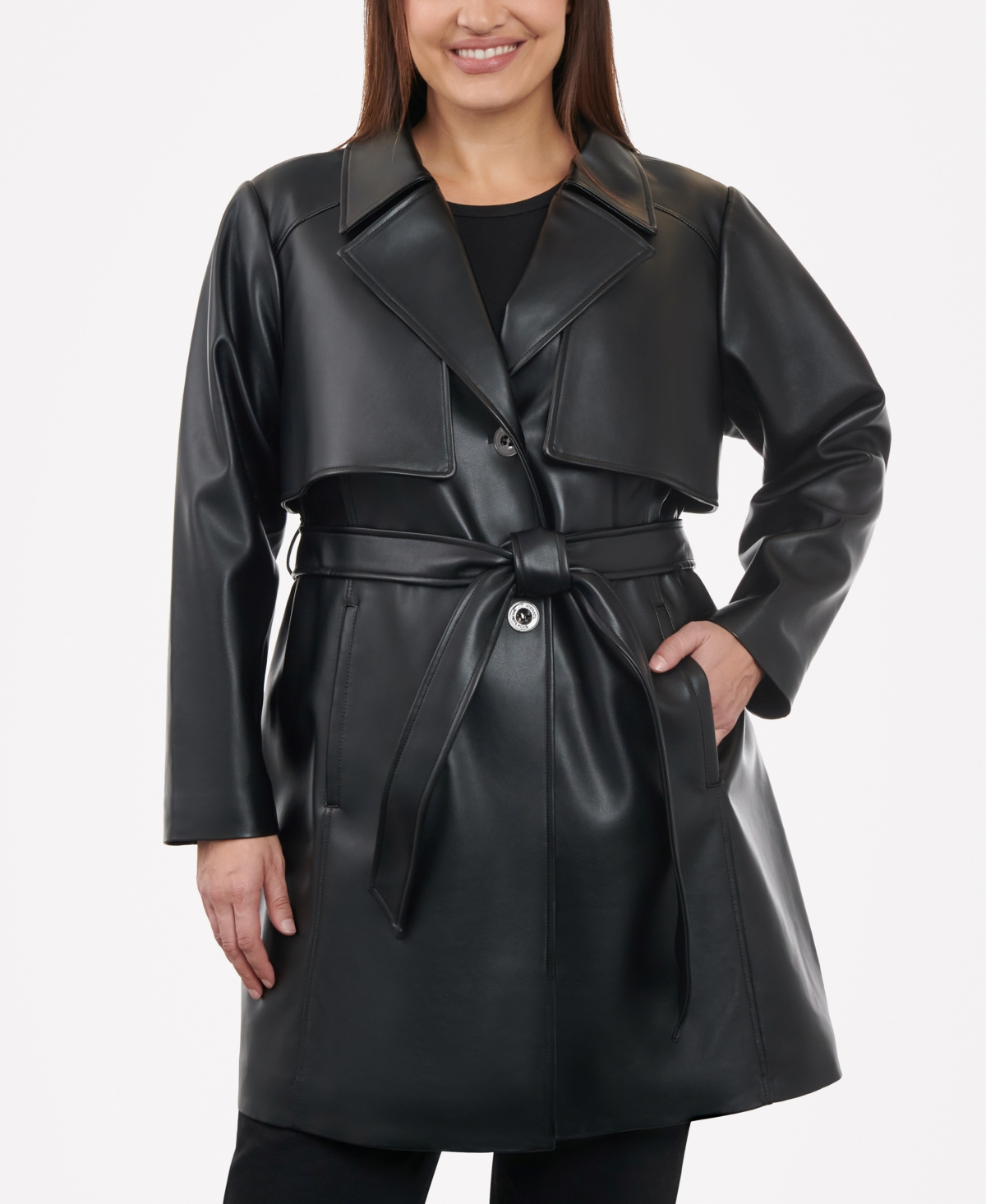 Michael Kors Michael  Women's Plus Size Belted Faux-leather Trench Coat In Black