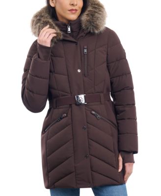 michael kors down coat with faux fur trimmed hood