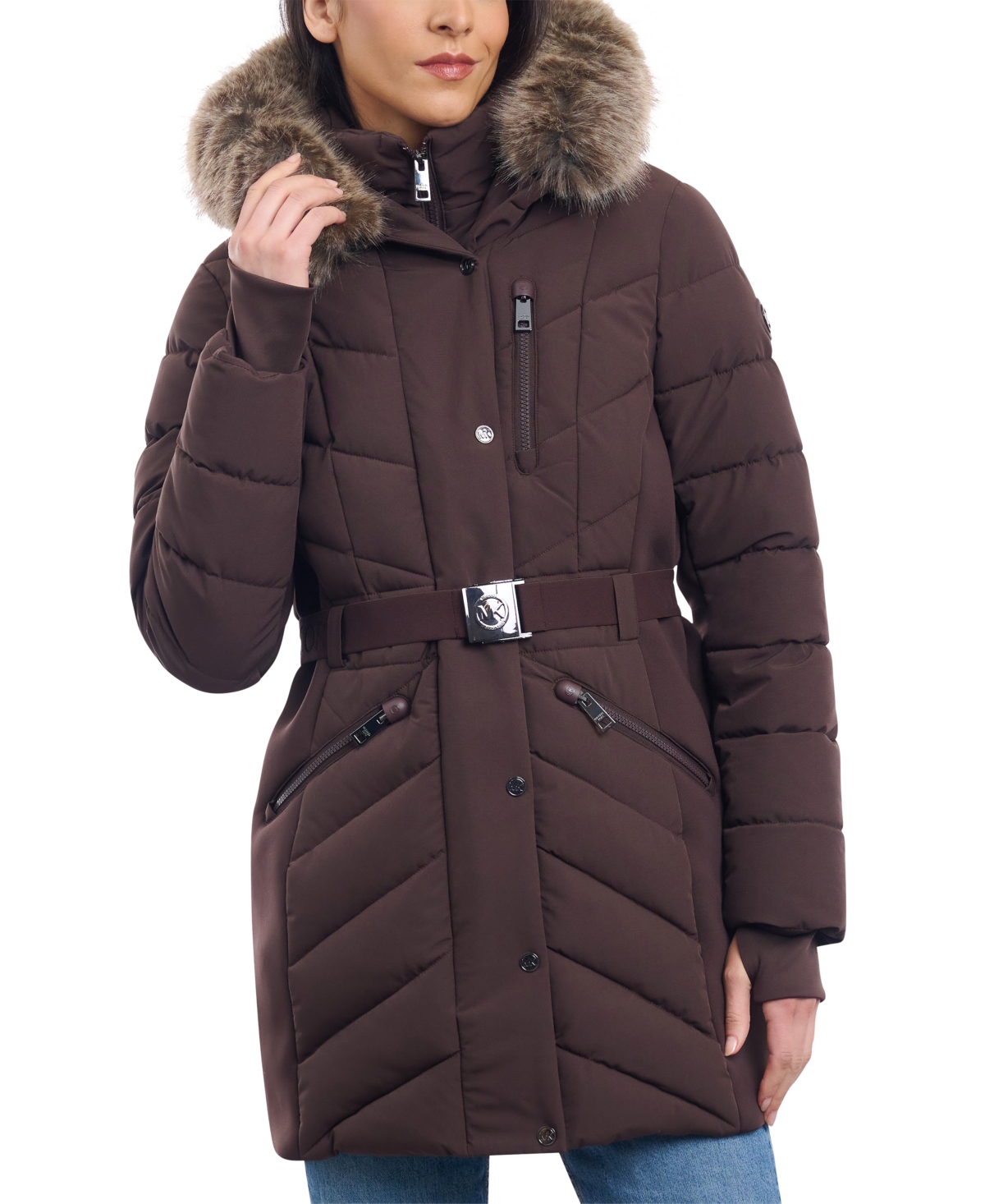 Michael Kors Michael  Women's Belted Faux-fur-trim Hooded Puffer Coat In Chocolate