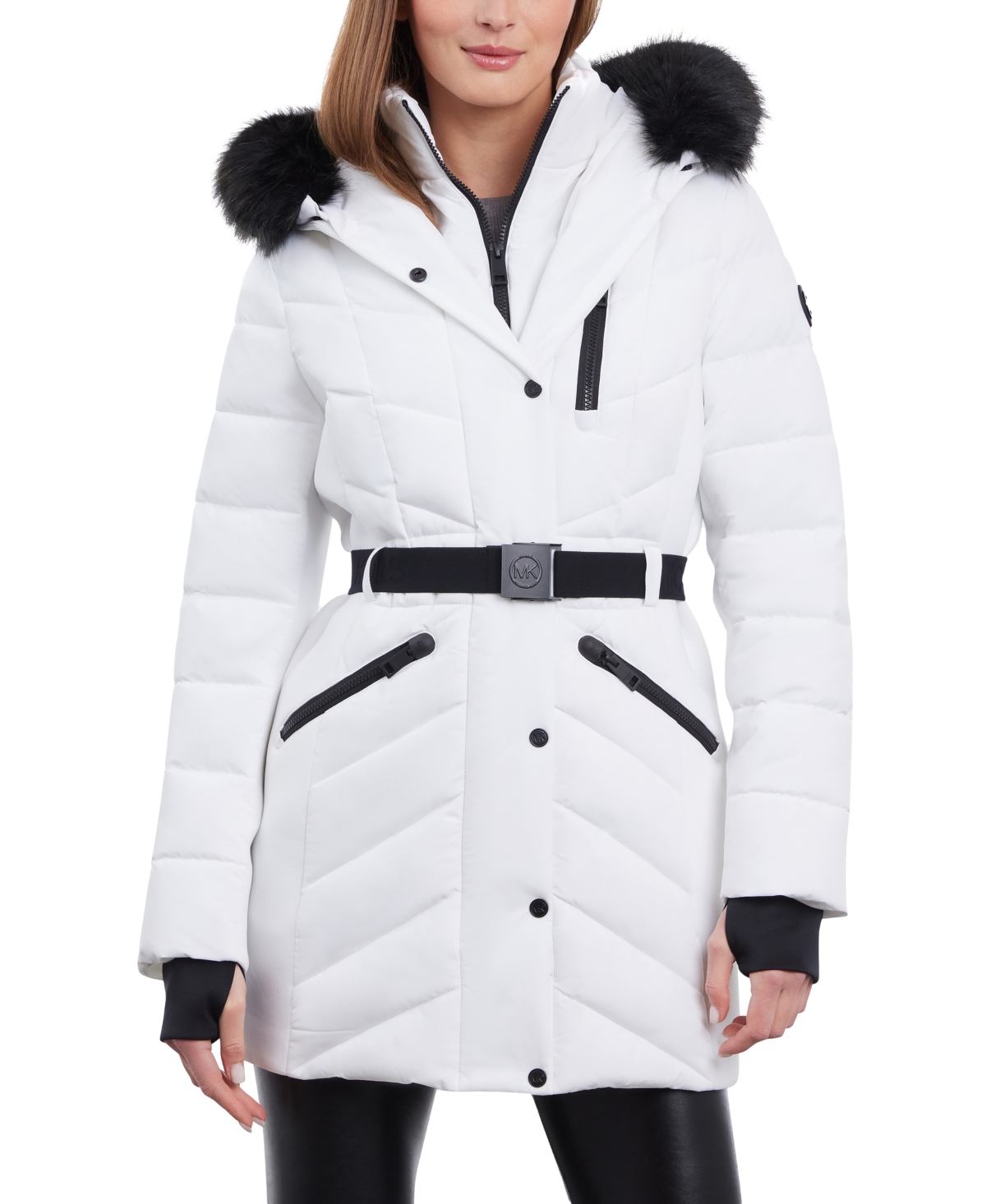 Shop Michael Kors Michael  Women's Belted Faux-fur-trim Hooded Puffer Coat In White