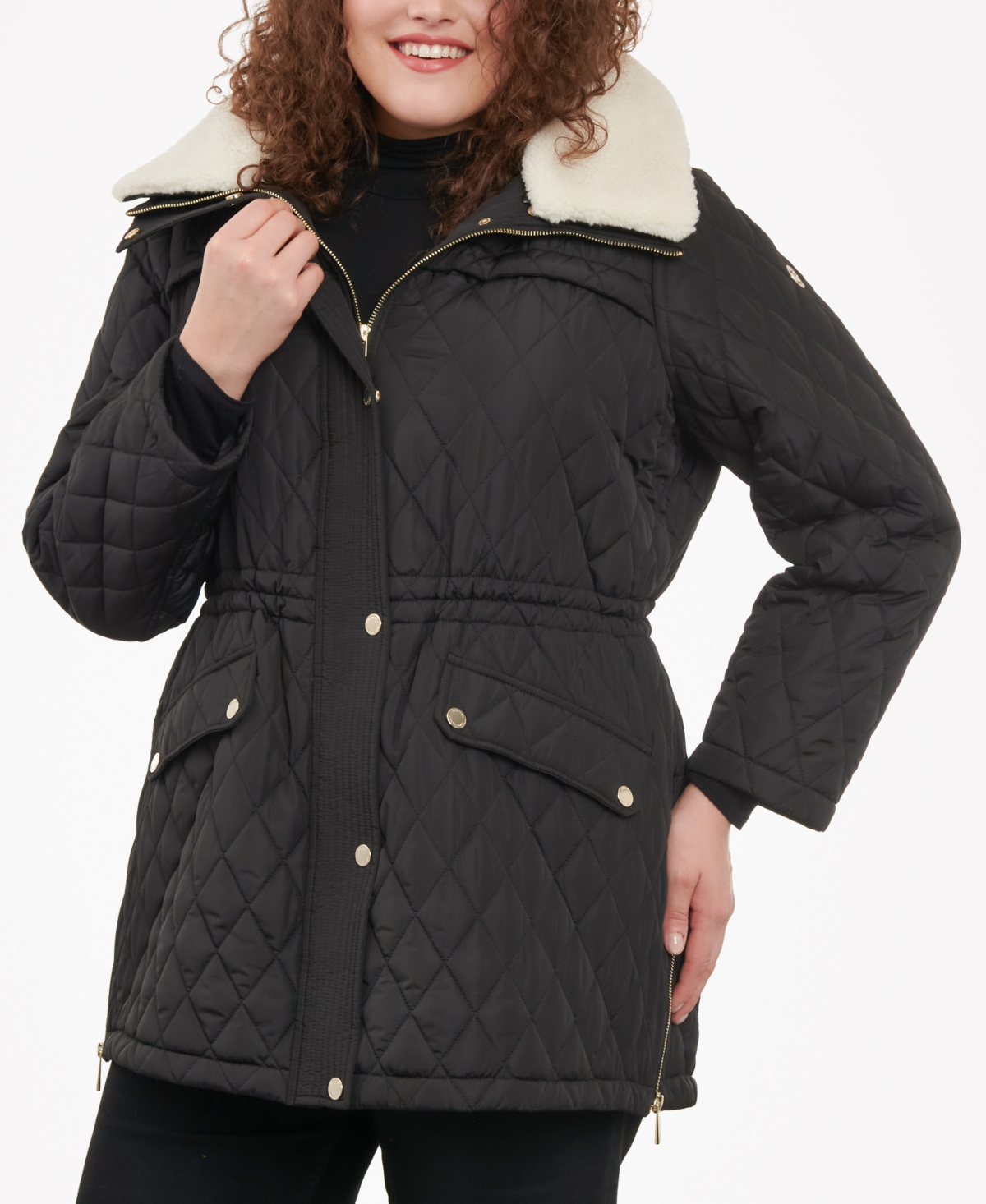 Shop Michael Kors Michael  Women's Plus Size Faux-fur-collar Quilted Coat In Black