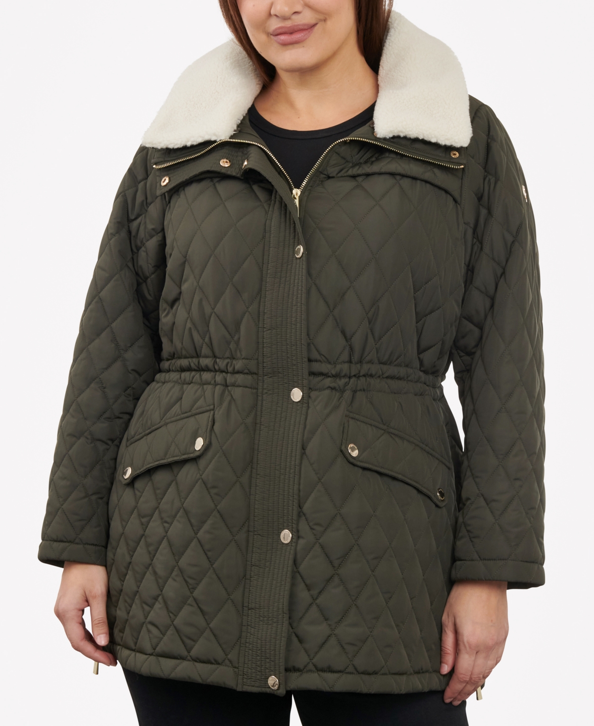 Shop Michael Kors Michael  Women's Plus Size Faux-fur-collar Quilted Coat In Dark Olive