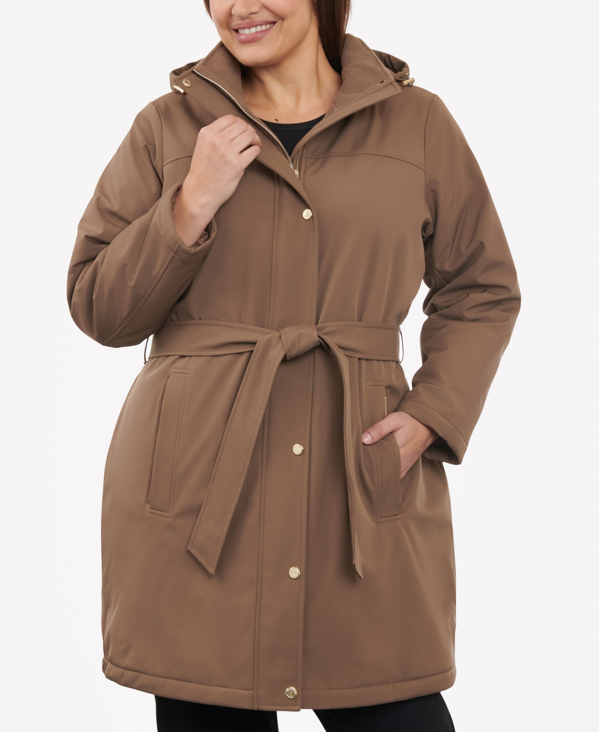 Michael Kors Michael  Women's Plus Size Hooded Belted Raincoat, Created For Macy's In Dark Tan