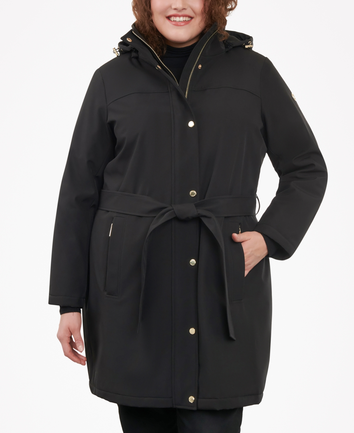 Michael Kors Michael  Women's Plus Size Hooded Belted Raincoat, Created For Macy's In Black