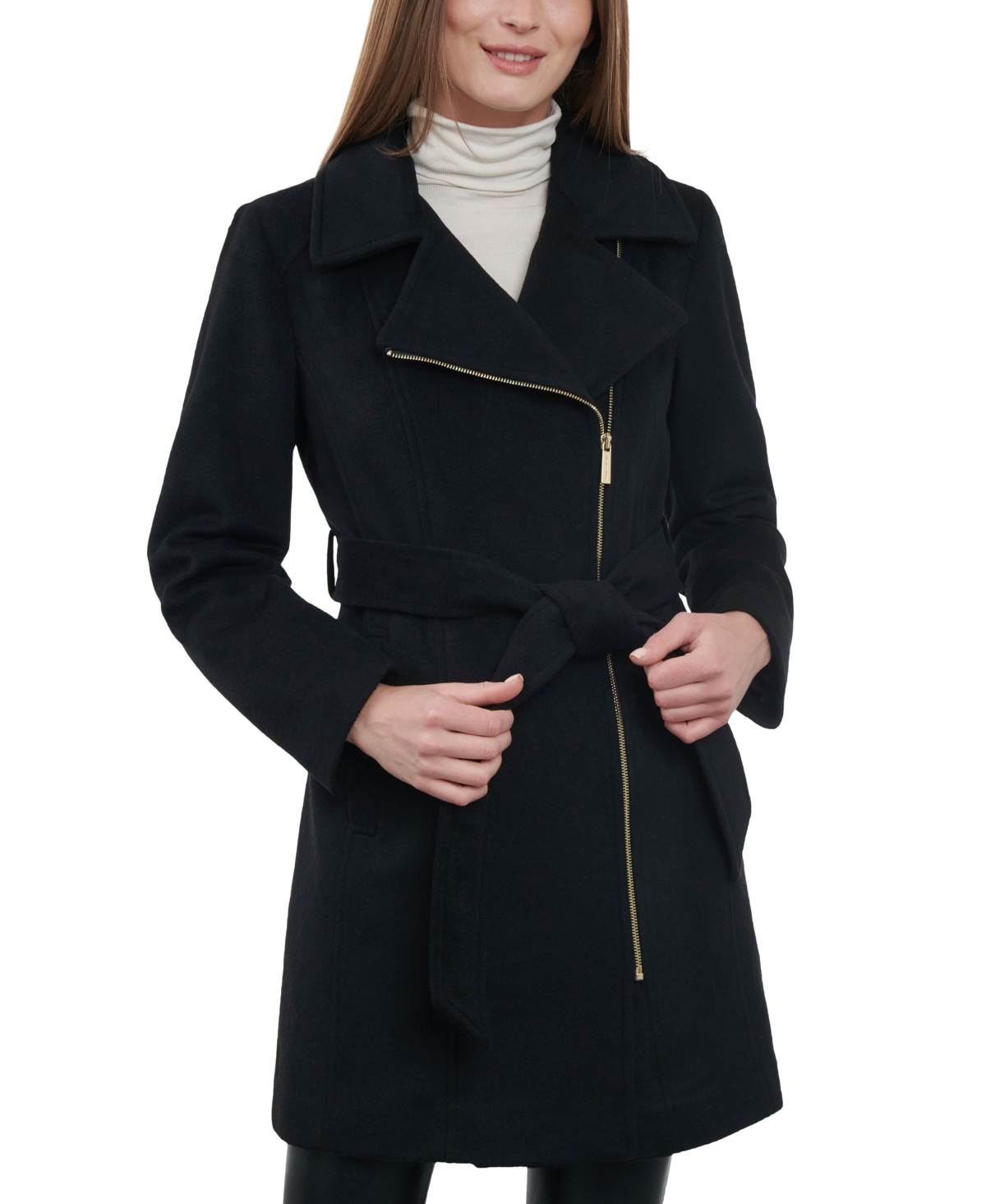 Michael Kors Michael  Women's Asymmetric Wool Blend Wrap Coat In Black