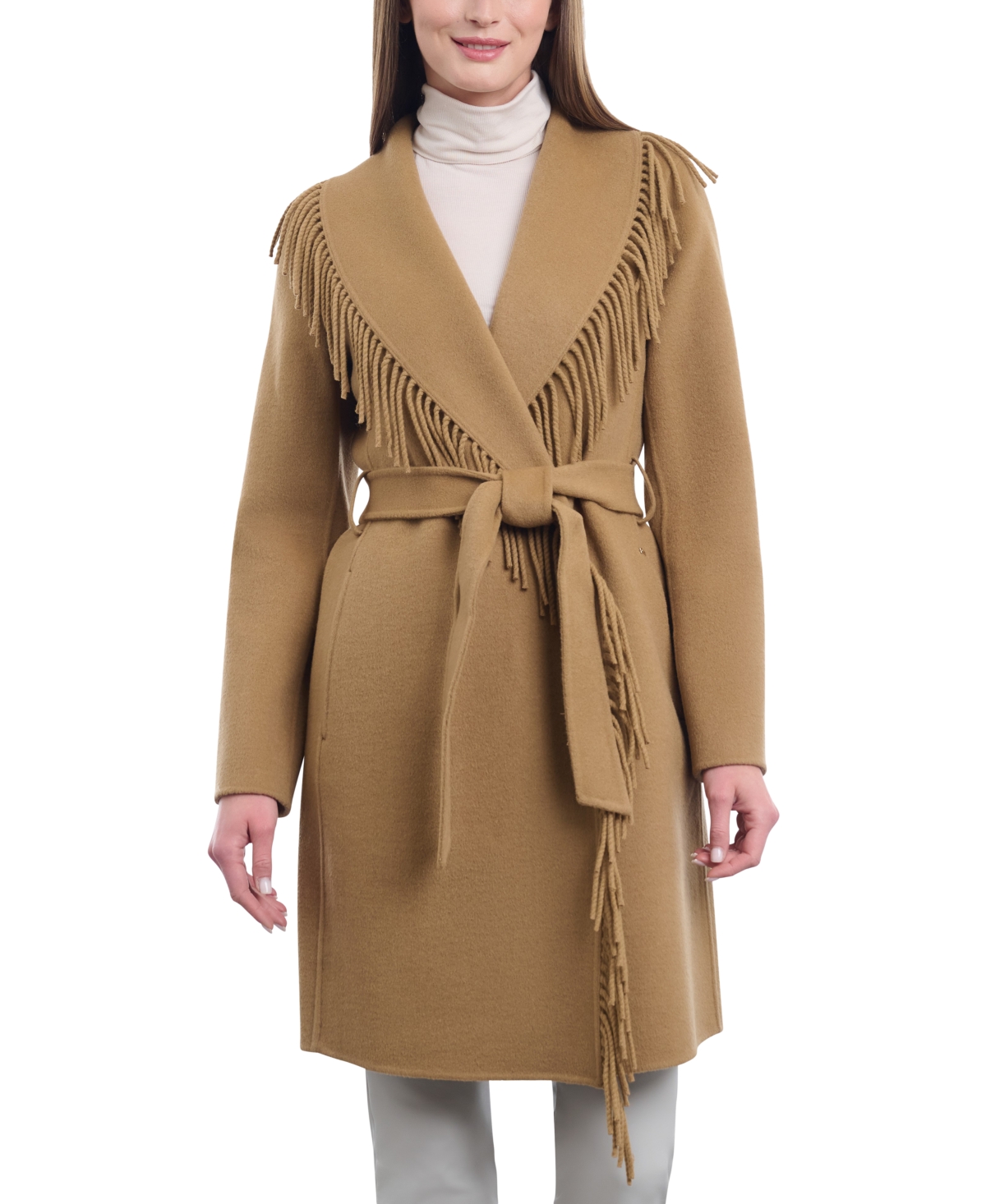 Michael Kors Michael  Women's Doubled-faced Wool Blend Wrap Coat In Dark Camel