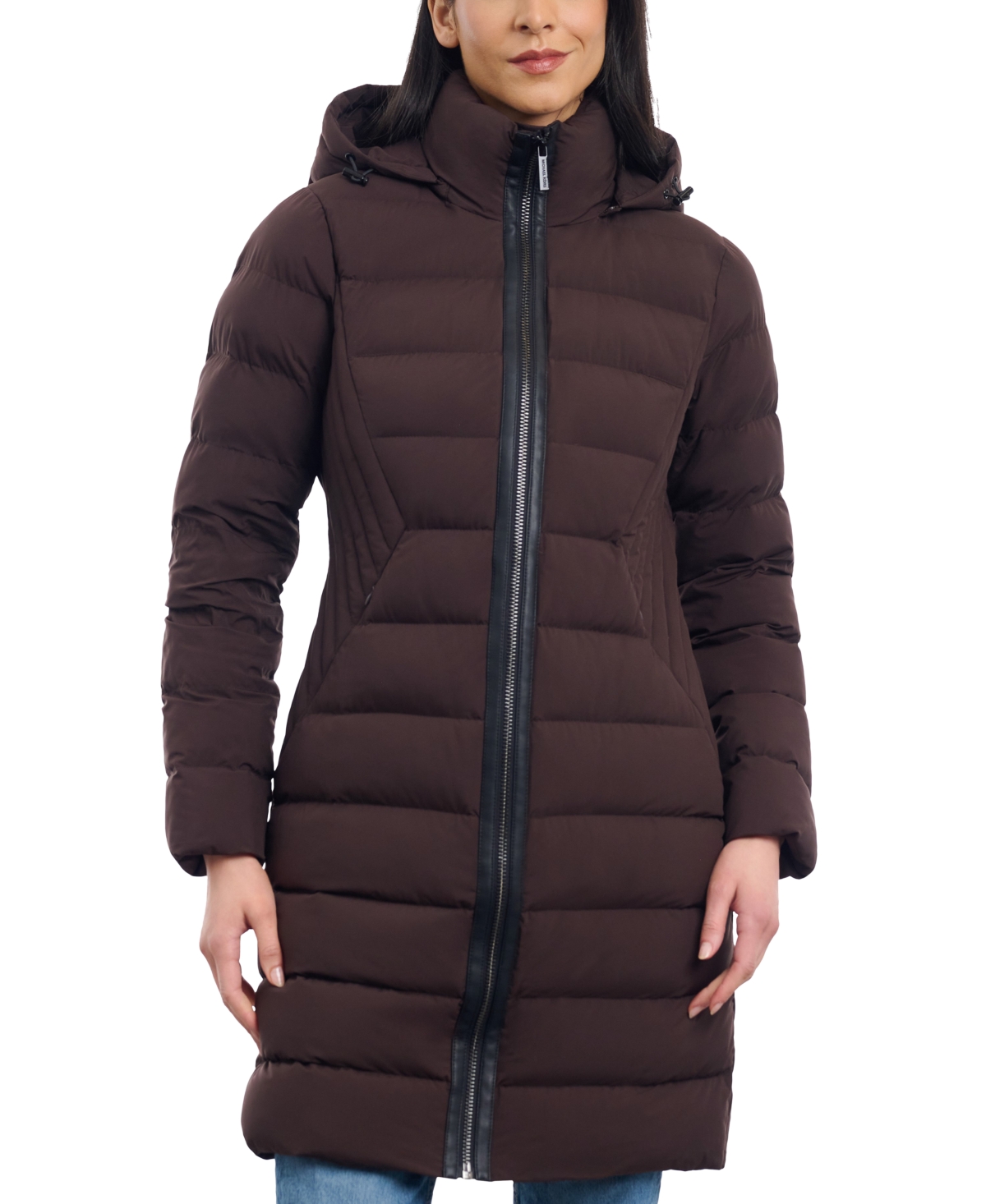 Shop Michael Kors Michael  Women's Hooded Faux-leather-trim Puffer Coat In Chocolate