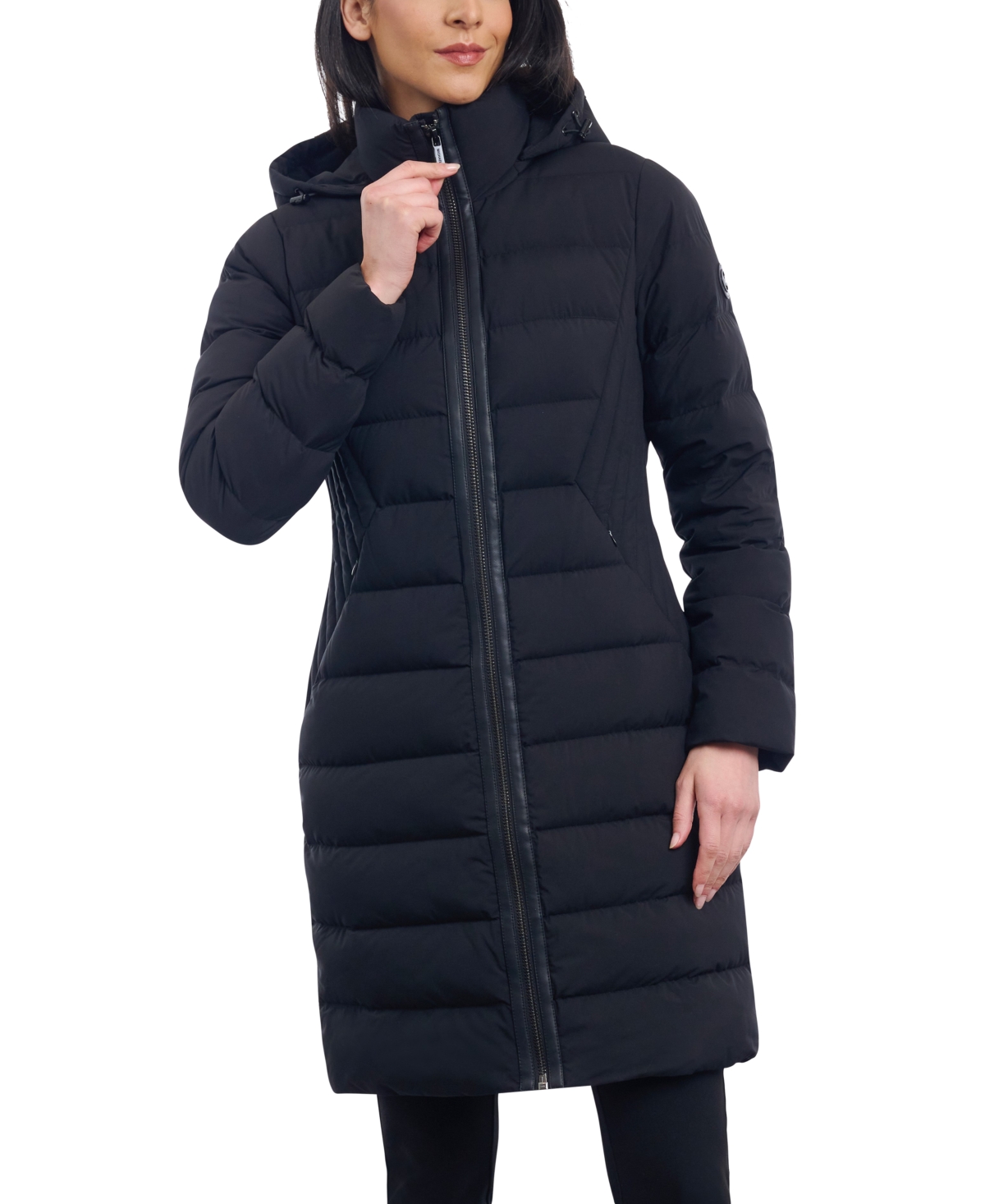 Shop Michael Kors Michael  Women's Hooded Faux-leather-trim Puffer Coat In Black