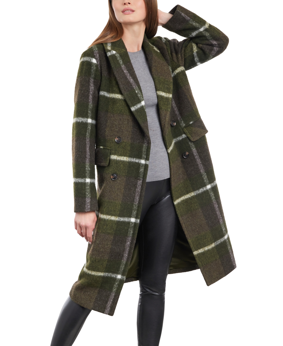 Women's Double-Breasted Notch-Collar Plaid Coat - Green Brown Plaid