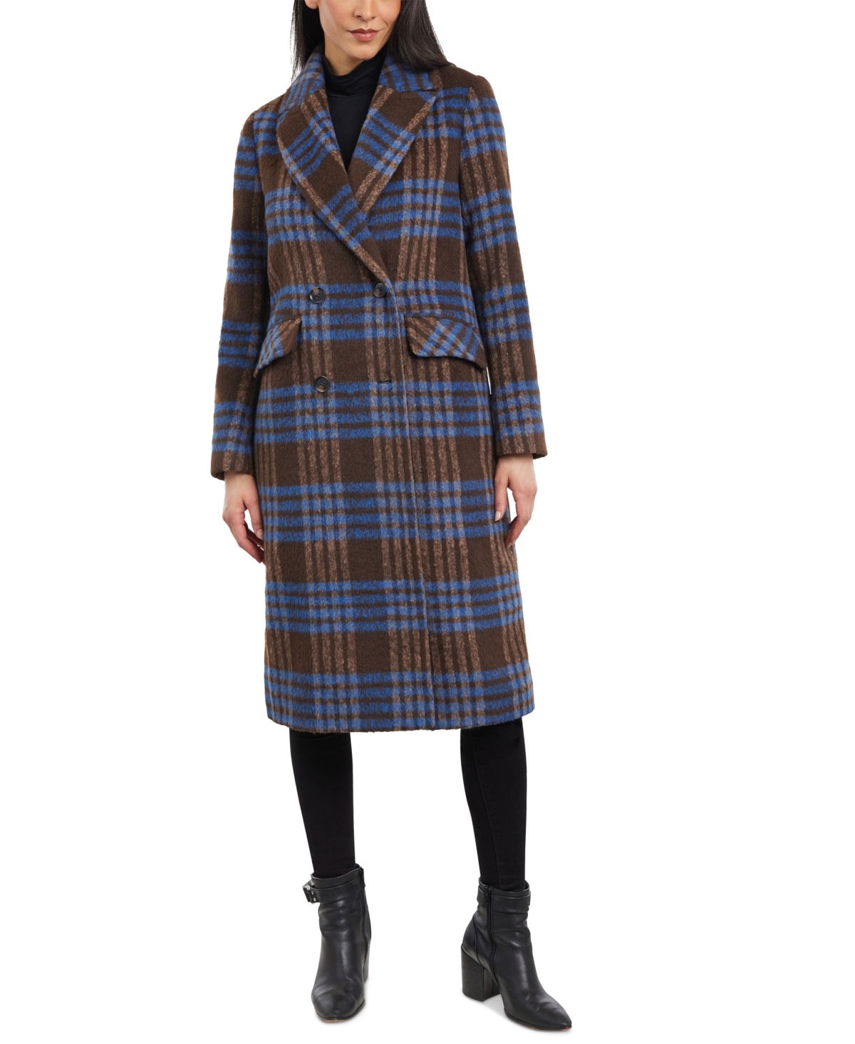Women's Double-Breasted Notch-Collar Plaid Coat - Blue Brown Plaid